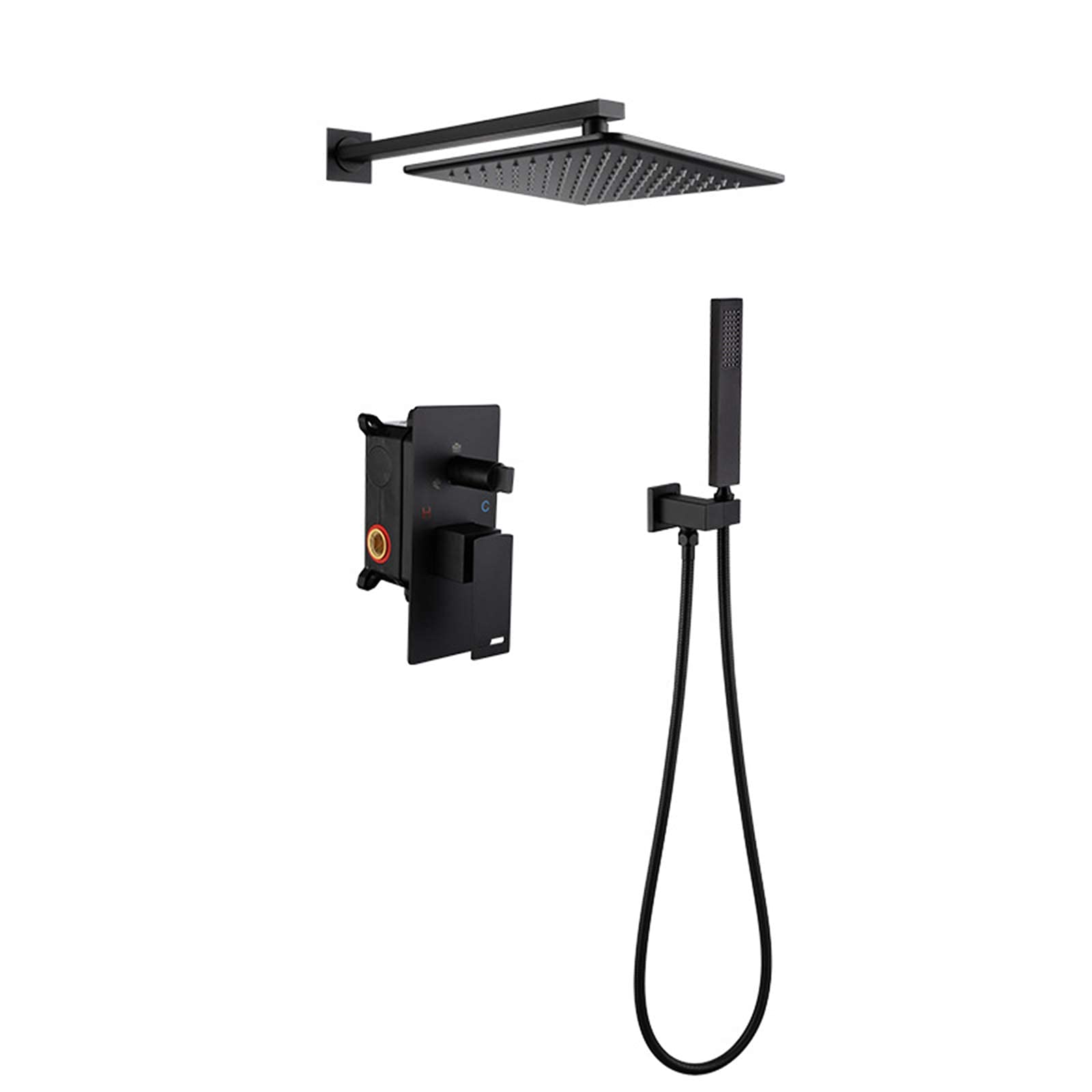 Black Wall Mounted Concealed Rain Mixer Shower Combo Set - 10 Inch Square Rainfall Shower Head & Handheld Shower with Embedded Box for Modern Bathroom & Spa Experience