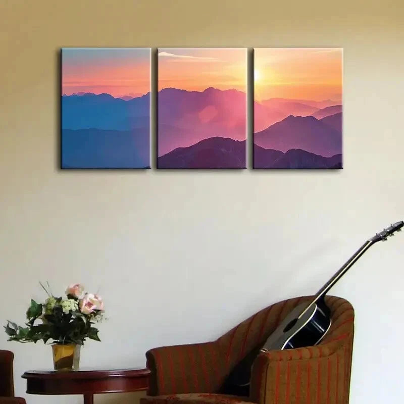 3-Piece Sunset Mountain Range Metal Wall Art - Ready to Hang Landscape Print for Living Room, Bedroom & Office Decor