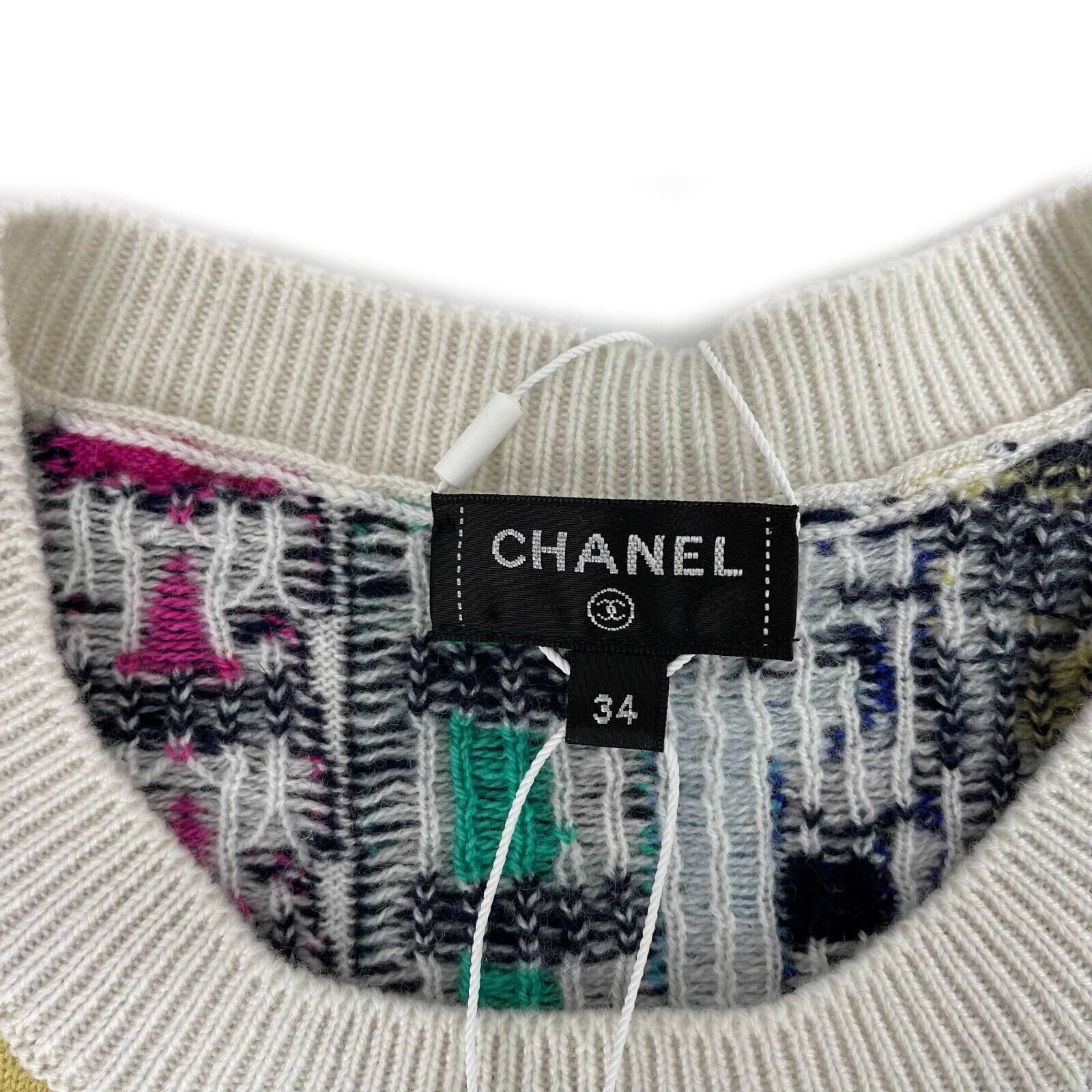 CHANEL 21A Multicolor Cashmere Logo Print Intarsia Sweater Women's XS (US Size 34) - Soft Luxury Knitwear for Fall Winter Fashion, Office Wear & Casual Outfits