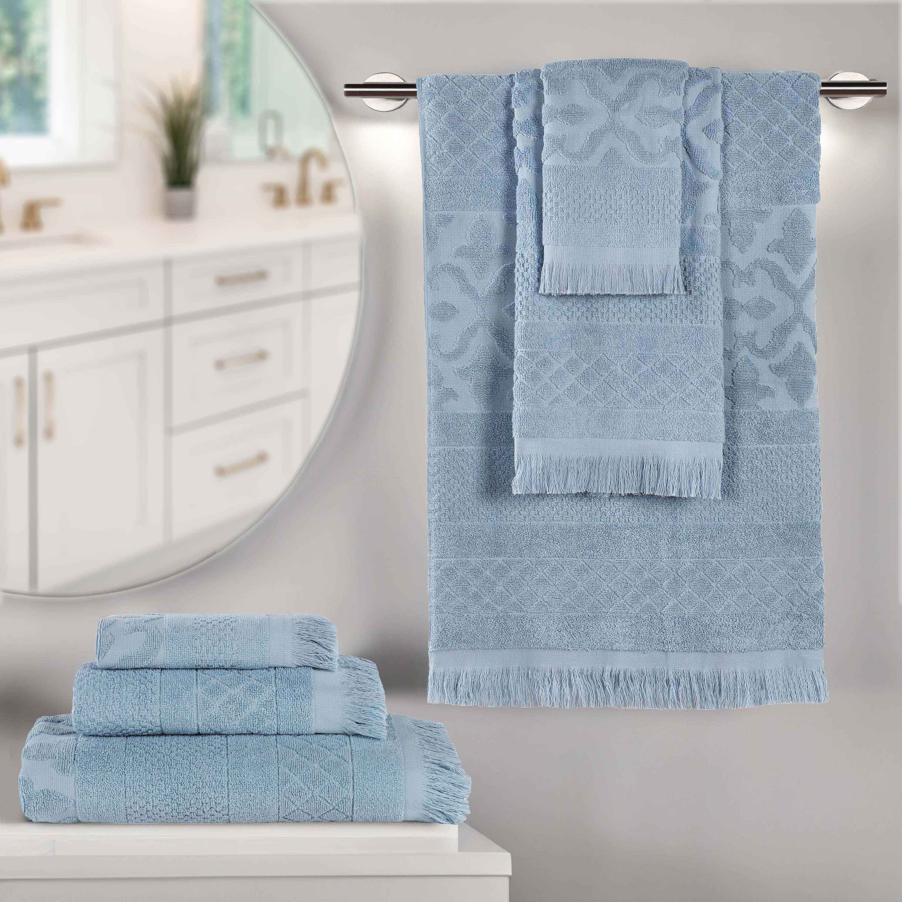 Rolla Cotton Geometric Jacquard Plush Soft Absorbent 6-Piece Bath Towel Set - Luxury Spa & Bathroom Essentials for Home, Hotel, and Gym Use