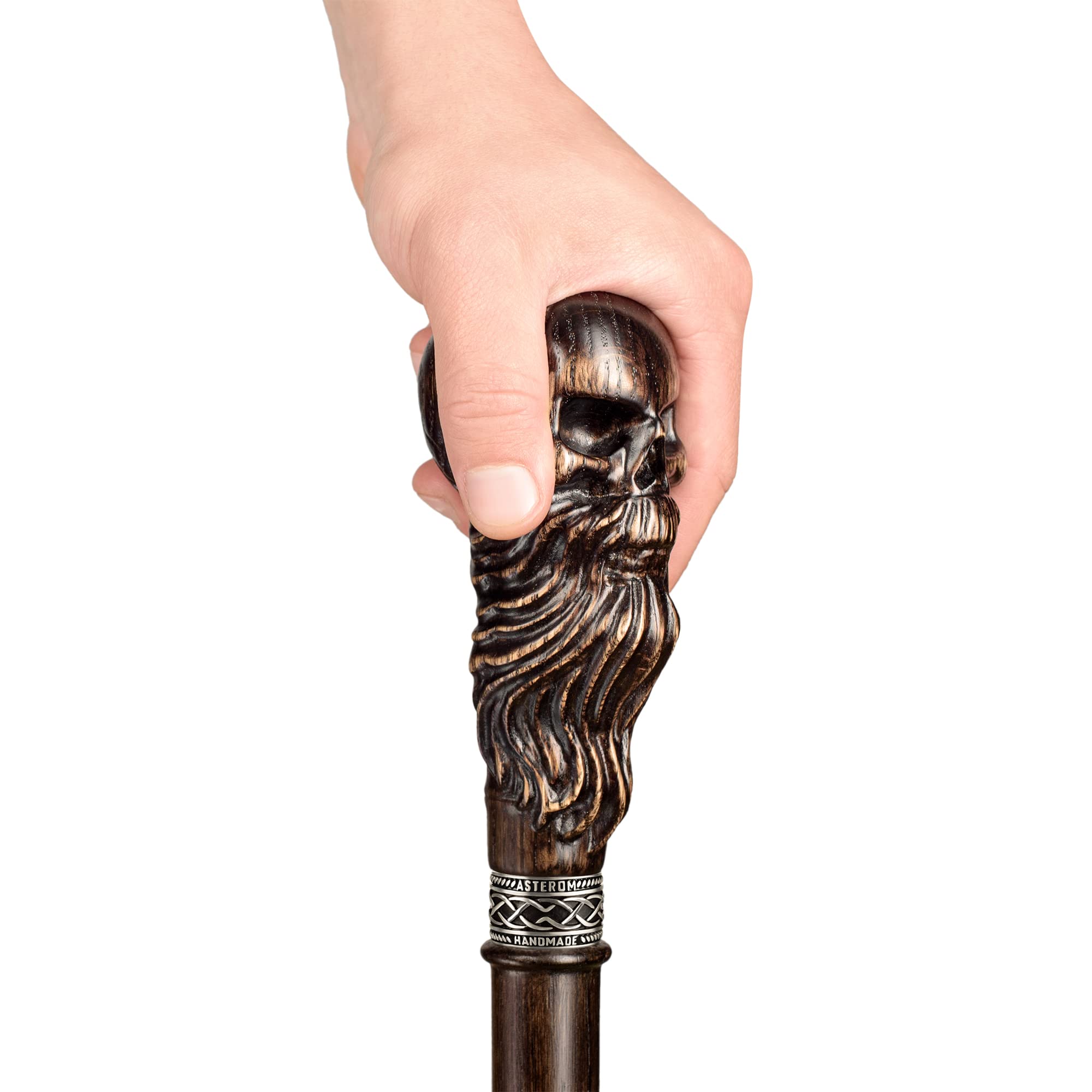 Handmade Wooden Carved Walking Cane with Bearded Skull Head - Unique Steampunk Walking Stick for Men & Women - Perfect for Cosplay, Gothic Fashion & Outdoor Hiking Accessories