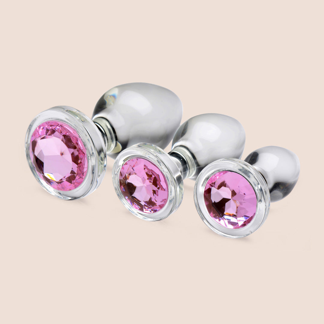 Pink Gem Glass Anal Plug Set - 3 Piece Jeweled Butt Plugs for Women & Men | Sensual Play, BDSM, Couples & Solo Use