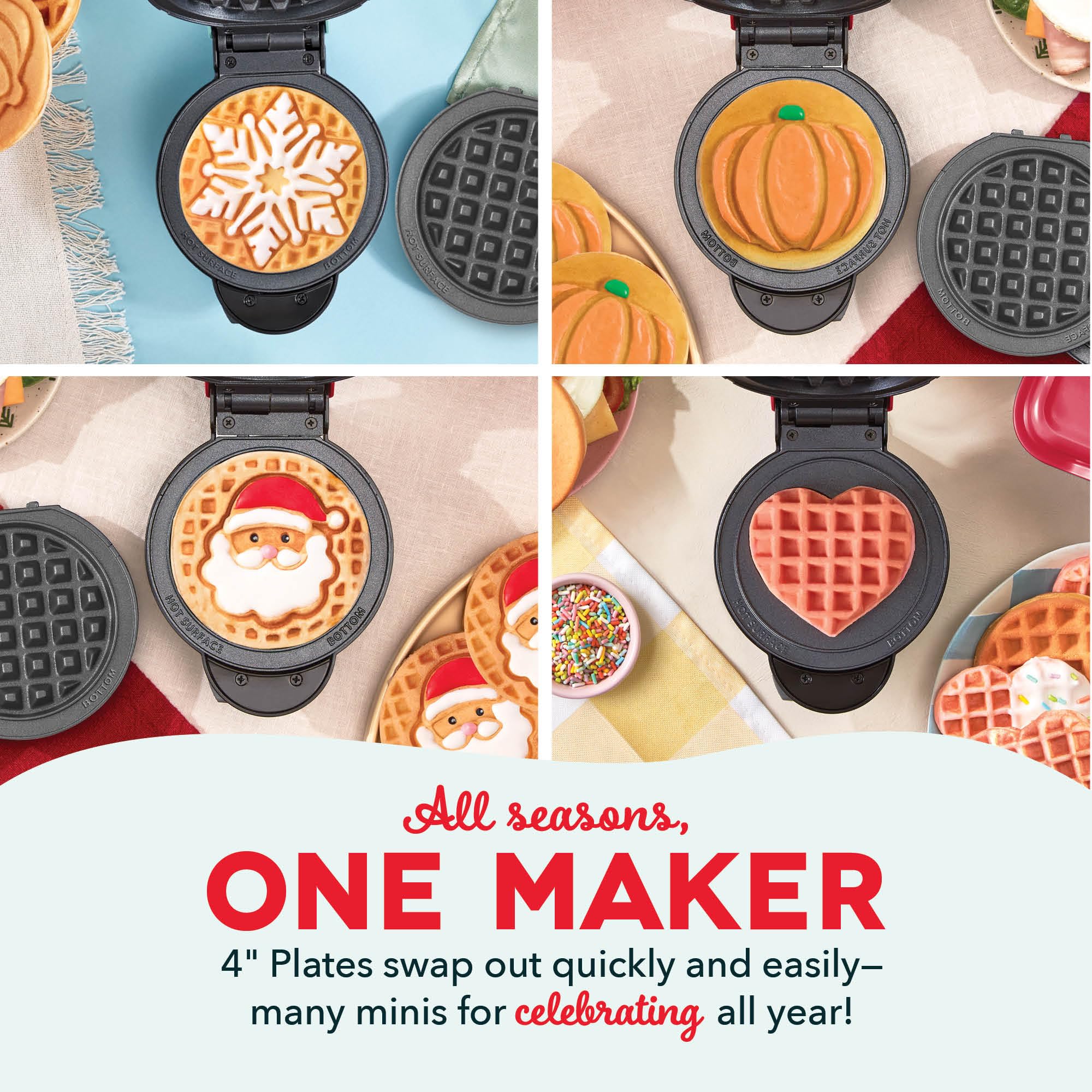 DASH Holiday Mini Waffle Maker with 6 Removable Plates - 4-in-1 Waffle Iron & Griddle for Kids & Families - Nonstick Santa Waffle Maker (Red) - Perfect for Christmas Breakfast, Family Gatherings & Holiday Parties