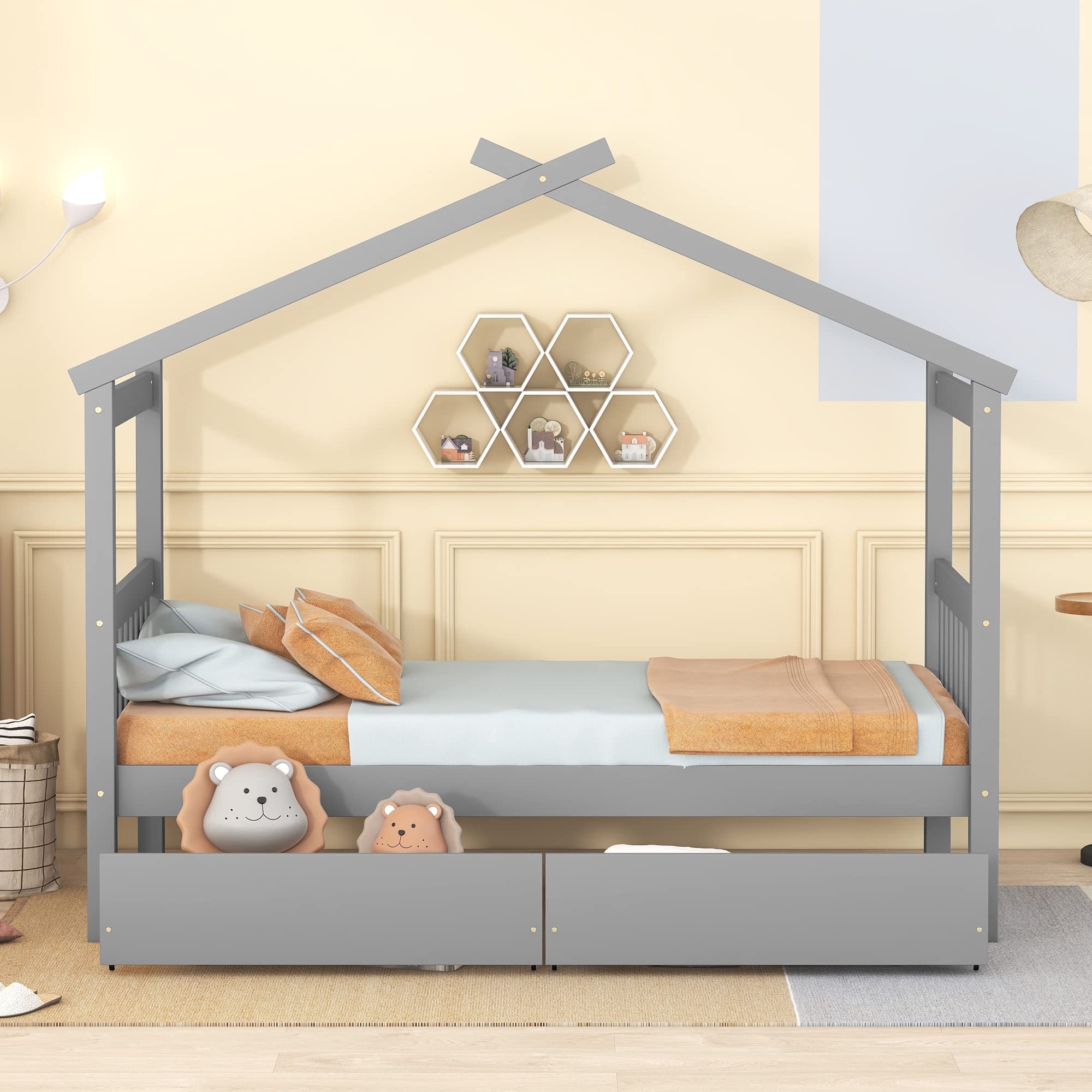 Harper & Bright Designs Twin Size Wooden House Bed for Kids with Storage Drawers - Sturdy Kids Bed Frame with Roof Design for Boys & Girls, Grey - Perfect for Bedrooms, Playrooms & Kids' Sleepovers