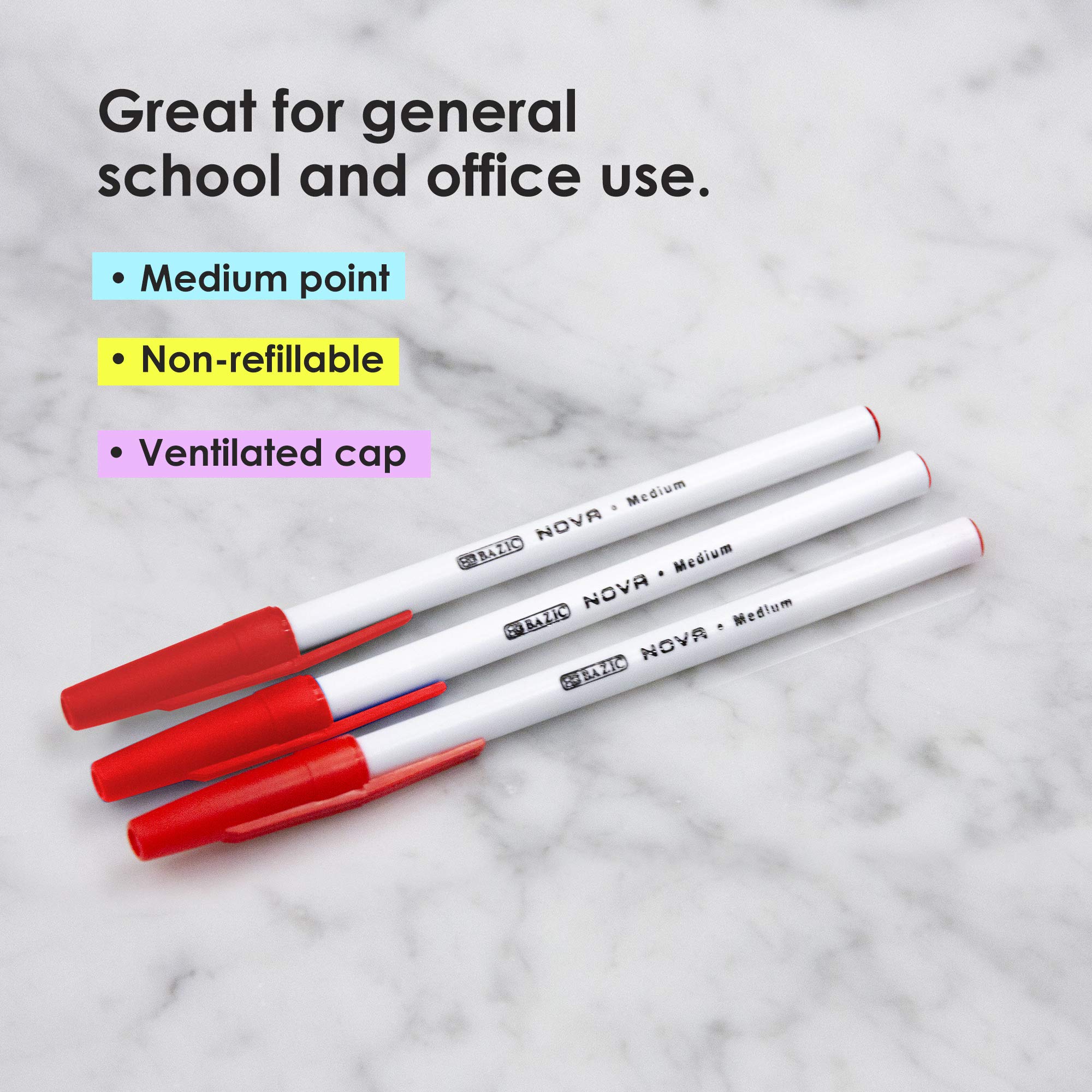 BAZIC Ballpoint Pens Nova Red 1.0mm Bold Point Smooth Writing Pens - 12 Pack (144 Total) for School, Office, Note Taking & Gift Giving