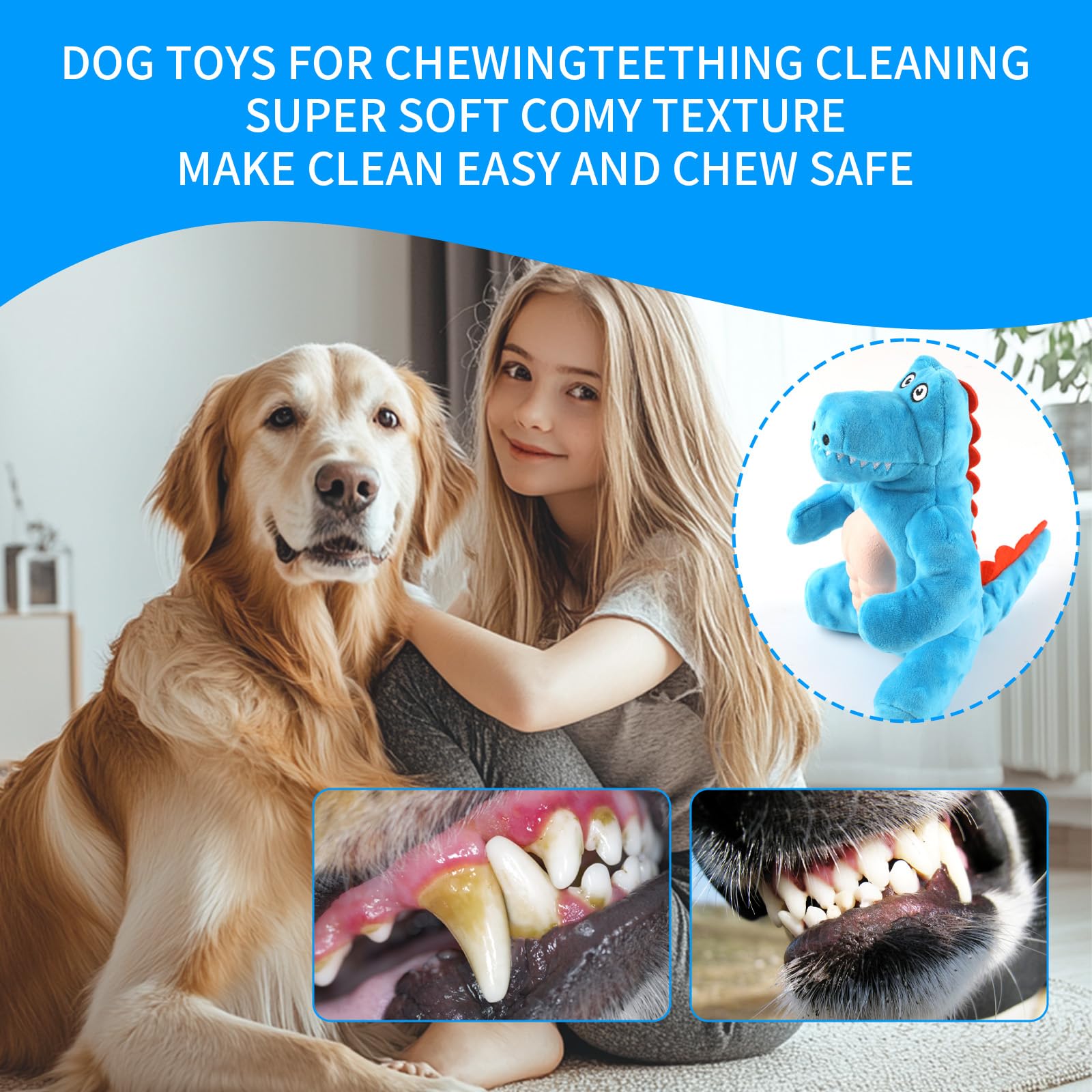 **RUXAN Squeaky Puppy Dog Toys - Durable Chew Toys for Small Dogs, Interactive Plush Dinosaur Toys to Keep Them Busy & Relieve Boredom (Blue) - Perfect for Playtime, Training & Indoor/Outdoor Fun**