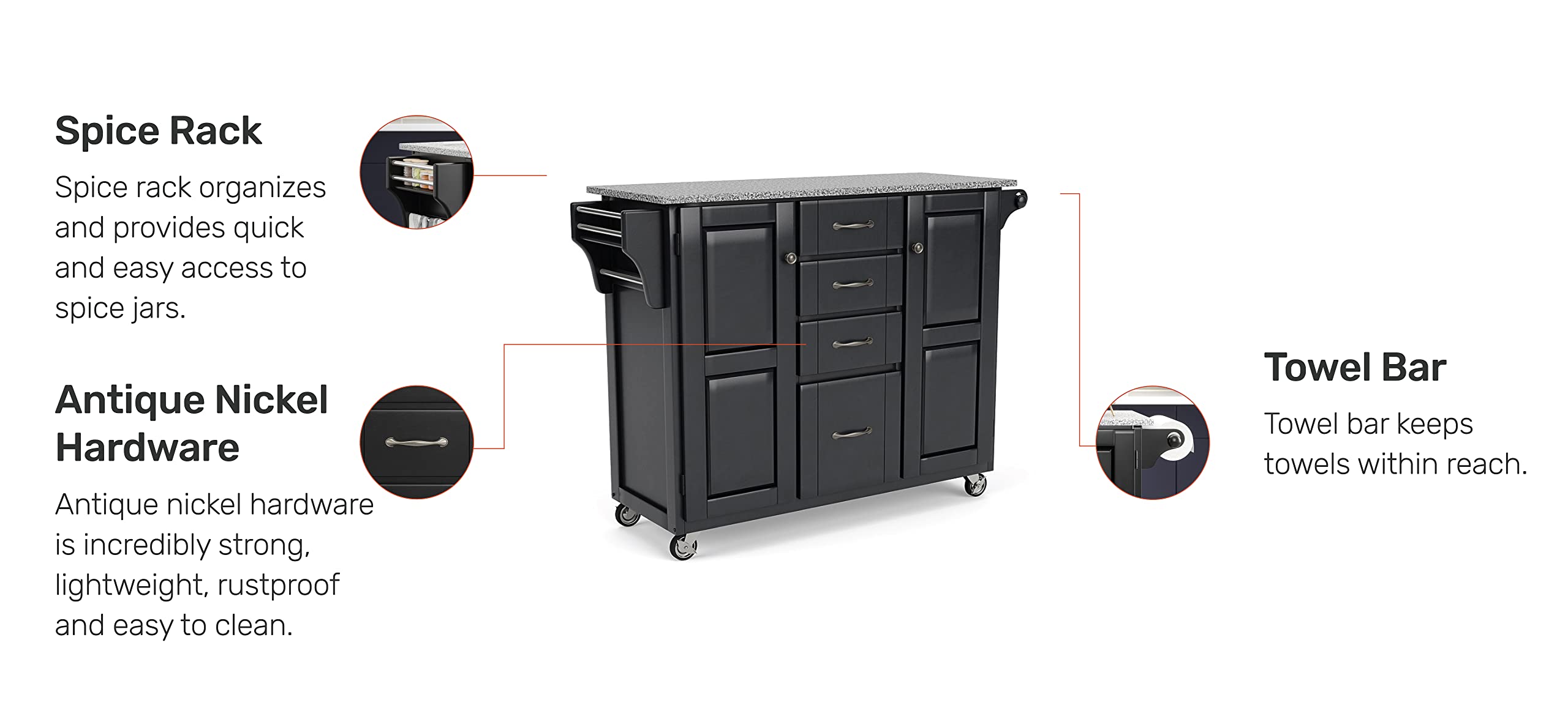 Home Styles Large Mobile Create-a-Cart Black Finish Two Door Cabinet Kitchen Cart with Salt and Pepper Granite Top & Adjustable Shelves - Perfect for Small Kitchen Storage, Dining Room Organization & Rolling Serving Cart