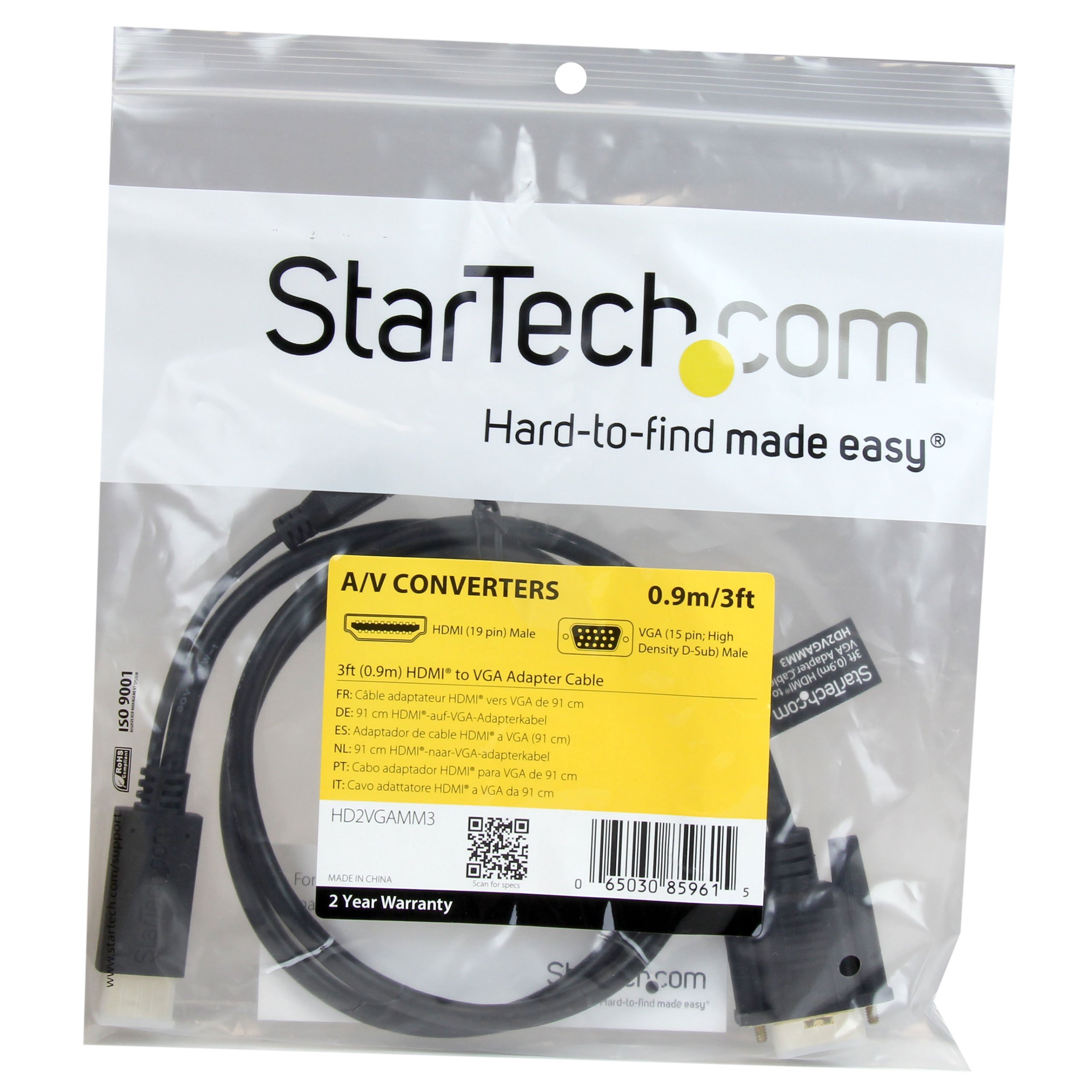 StarTech.com Active HDMI to VGA Cable 3ft (1m) - 1080p Full HD 1920x1200 Resolution - Monitor & Computer Video Adapter Cable (HD2VGAMM3) - Perfect for Connecting Laptops to Projectors, Extending Displays for Office Work & Home Theater Setup