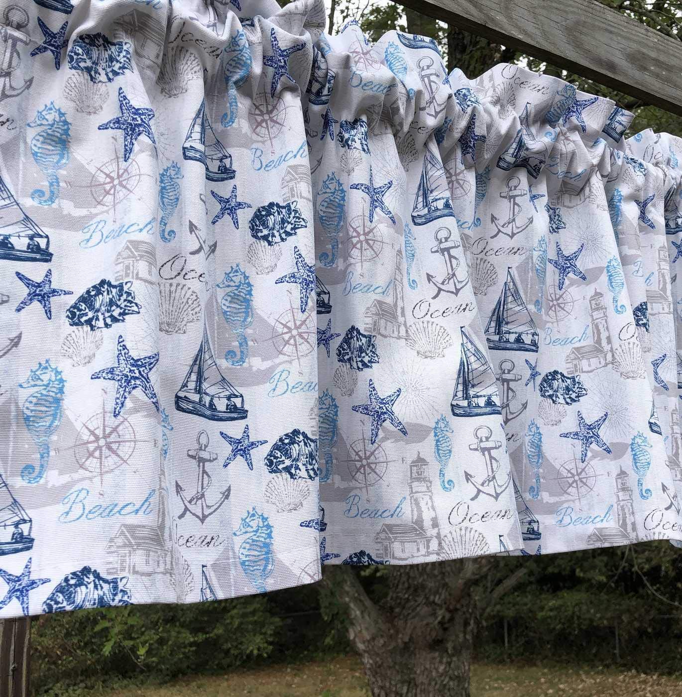 Nautical Beach House Decor - Lighthouse Sailboat Seashells Seahorse Starfish Ocean Themed White Window Curtain Valance for Coastal Living Room, Bedroom & Vacation Home Decor