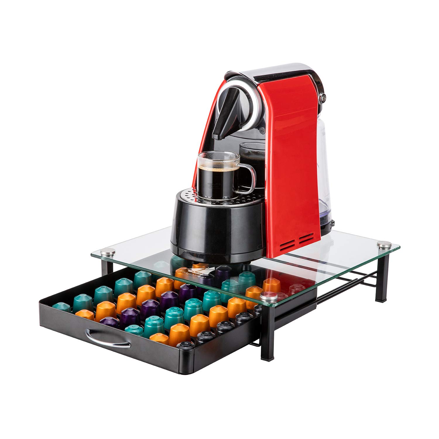 Premium Nespresso Capsule Holder Drawer - Holds 42 OriginalLine Pods | Glass Storage Organizer for Coffee Capsules | Perfect for Kitchen Countertop & Office Coffee Station