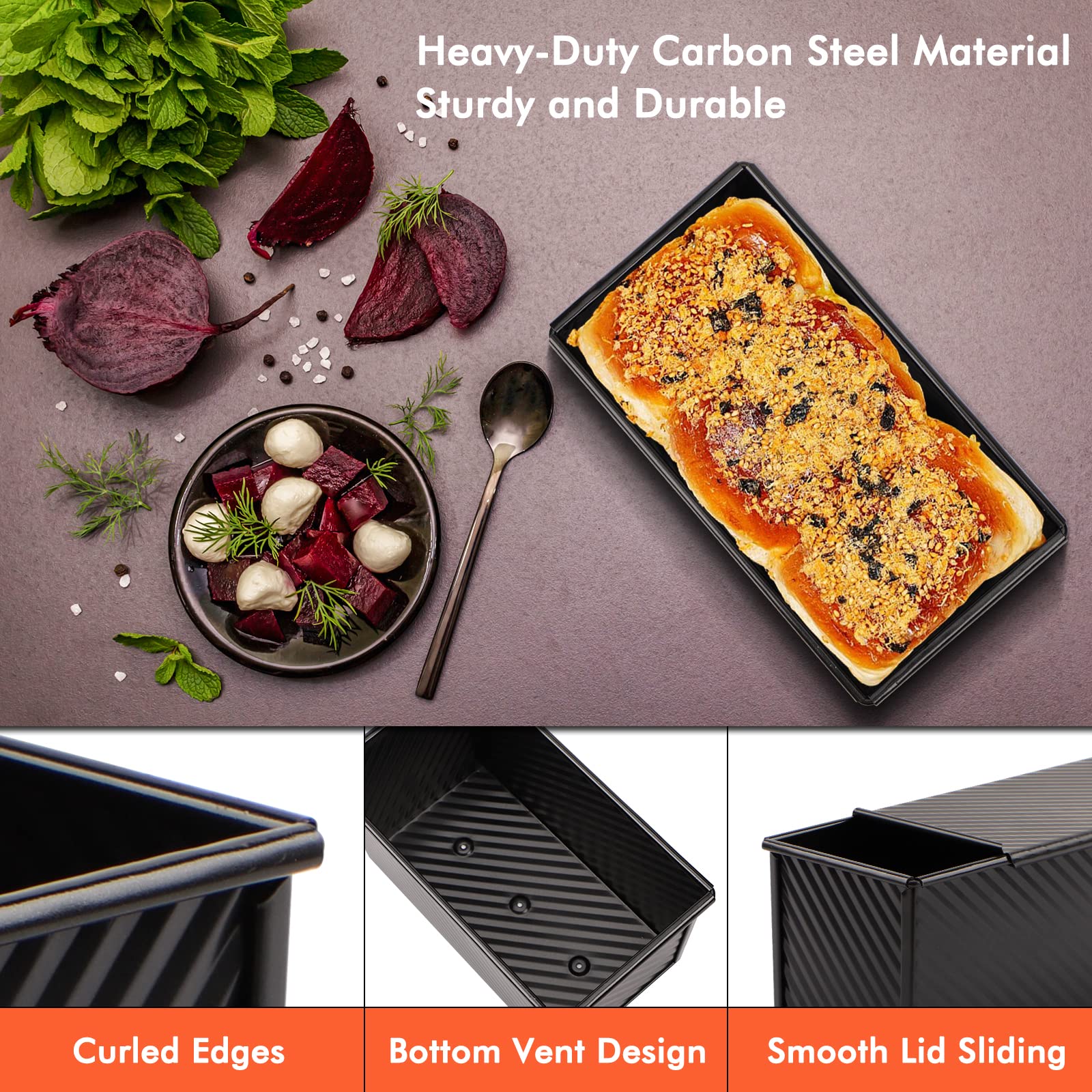 Beasea 2-Pack Pullman Loaf Pan with Lid - 1 lb Non-Stick Carbon Steel Bread Baking Pan for Homemade Bread, Perfect for Sandwich Loaves, Artisan Bread & Toast - Ideal for Home Bakers & Commercial Kitchens