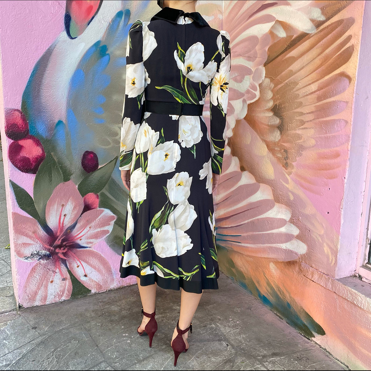 Dolce & Gabbana Black and White Floral Print Midi Dress with Velvet Collar - Size IT38 / US 2 - Perfect for Cocktail Parties, Weddings & Special Occasions