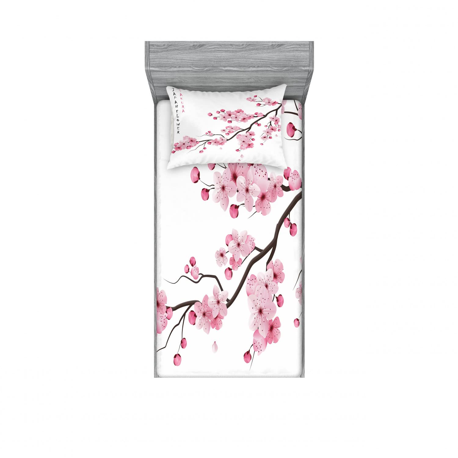 Ambesonne 2-Pack Twin Size Fitted Sheet & Pillow Sham Set - Japanese Cherry Blossom Design, Pink & White 4-Piece Bedding Set - Perfect for Guest Rooms, Dorms & Kids' Bedrooms