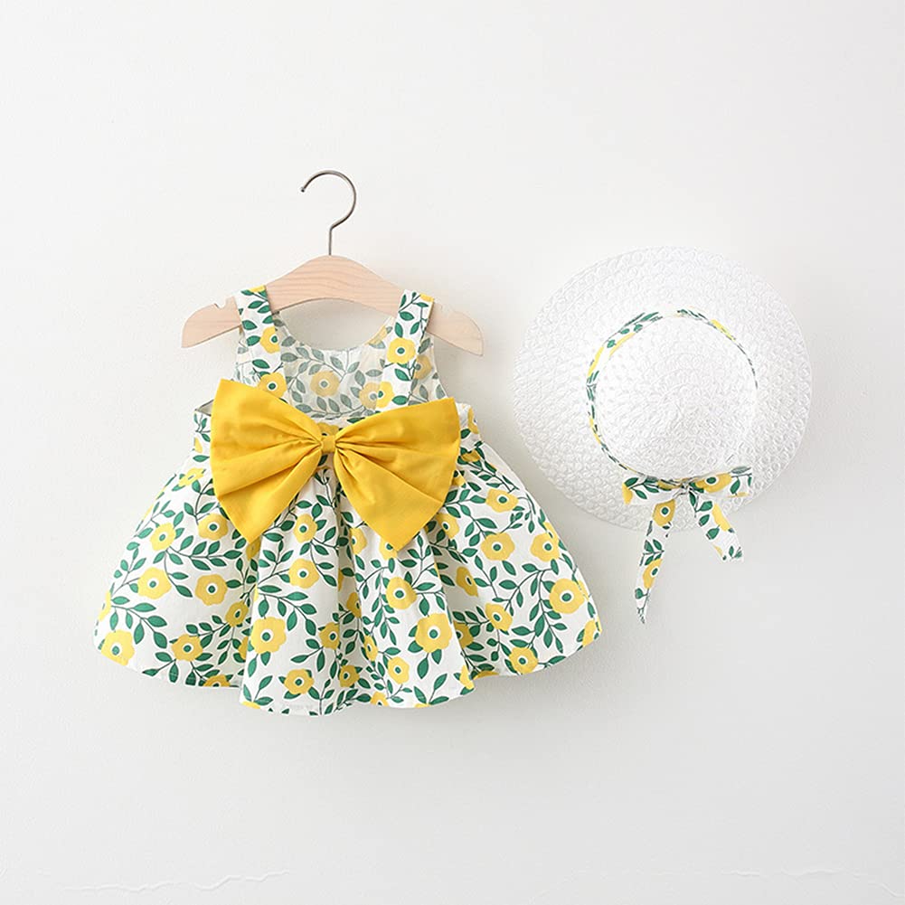 2PCS Baby Girls Tutu Dress - Summer Backless Princess Birthday Party Dress with Rainbow Floral Bowknot & Straw Sun Hat - Perfect for Beach, Photo Shoots & Special Occasions