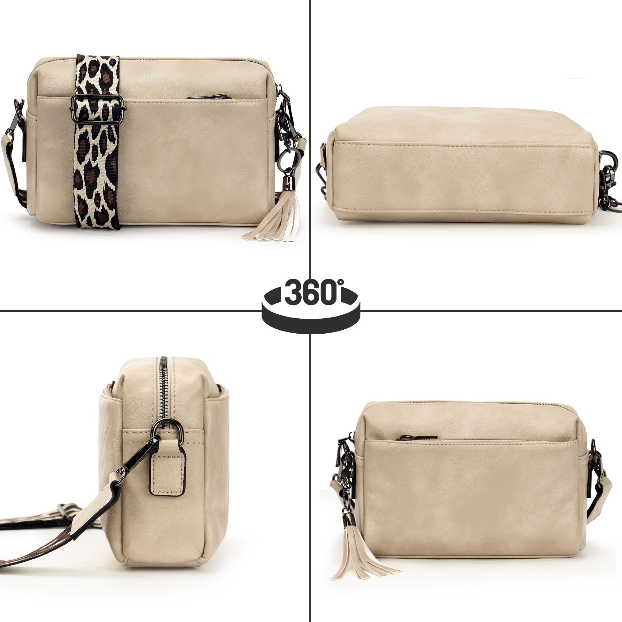 JANZORE Vegan Leather Crossbody Bag for Women - Small Multipurpose Camera Handbag with 3 Compartments, Wide Strap & Tassel Key Ring | Perfect for Travel, Work & Everyday Use