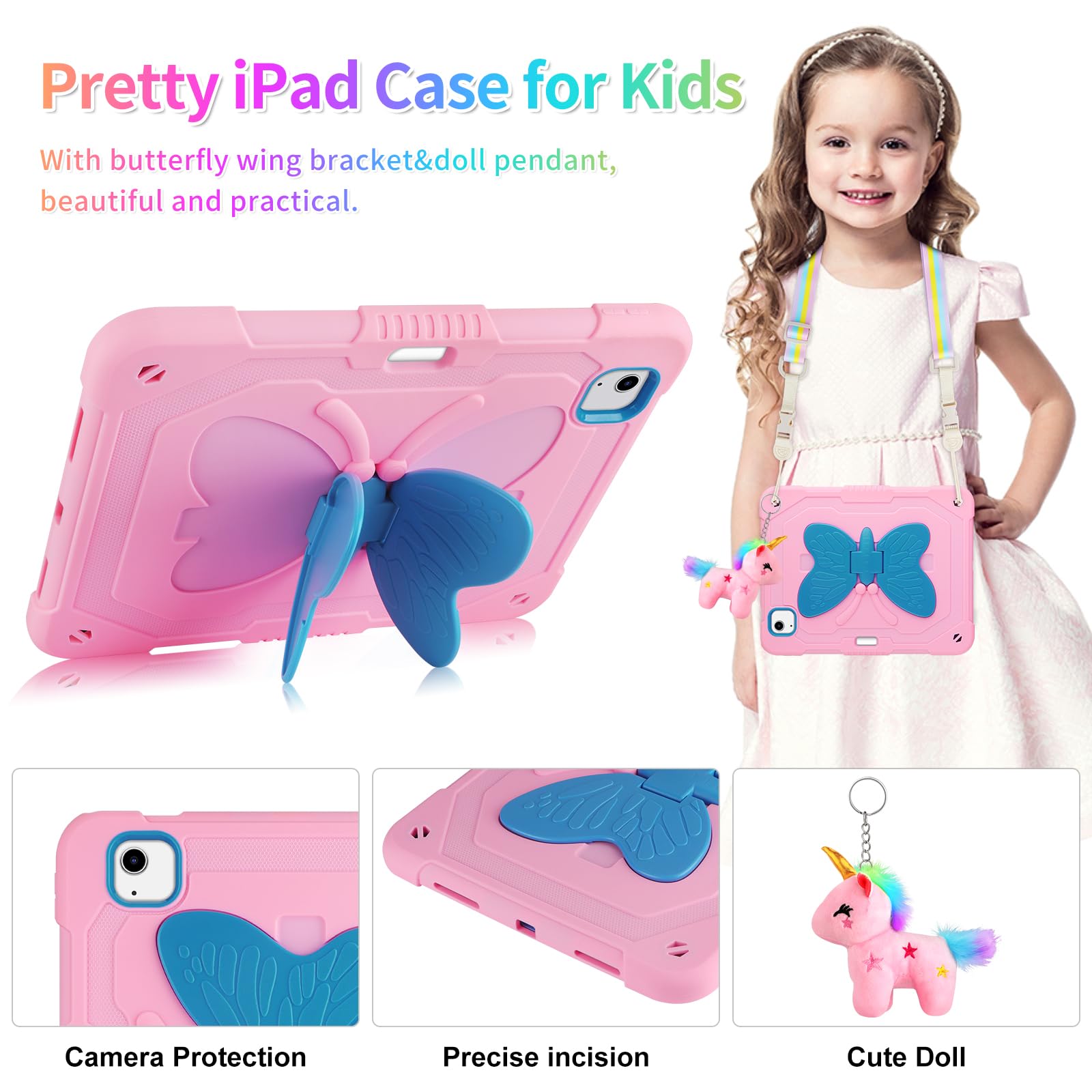 iPad Air 5th/4th Gen & iPad Pro 11 Inch Case with Screen Protector - Cute Butterfly Stand Hard Cover with Pencil Holder & Strap for Kids (Pink/Blue) - Perfect for School, Travel & Home Use