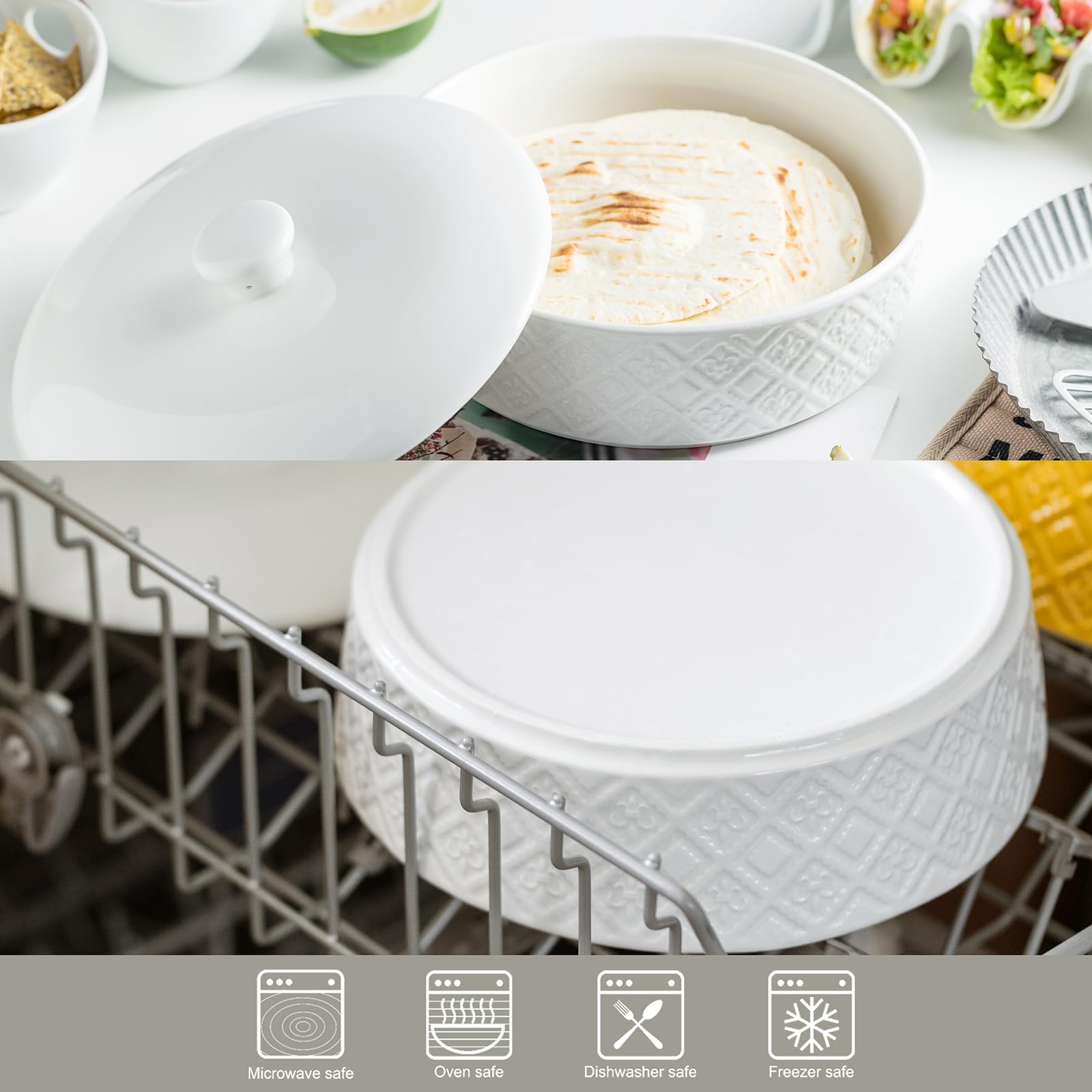 Microwave Safe Tortilla Warmer with Lid - 8.8 Inch Ceramic Taco Holder for Taco Tuesday & Taco Bar - Oven Safe Bread & Pancake Warmer - Perfect for Mexican Food Nights, Breakfast Buffets & Party Serving