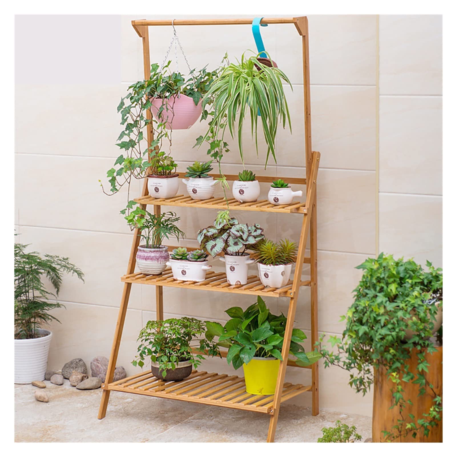3-Tier Adjustable Hanging Plant Stand - Foldable Bamboo Shelf for Flower Pots & Home Decor - Gold Patio Organizer Display Rack - Perfect for Indoor Gardens, Balconies & Small Space Storage