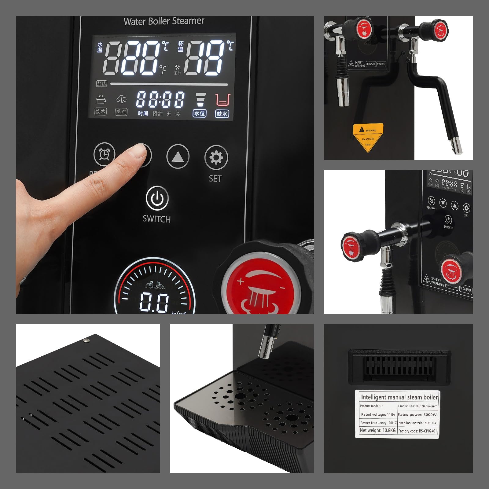 12L/3.2Gal Commercial Electric Steam Water Boiler with LCD Screen - 0.1-4.0 Bar Adjustable Pressure, 304 Stainless Steel, 1-12H Timer - Perfect for Office, Cafe, Hotel & Restaurant Hot Water Dispensing