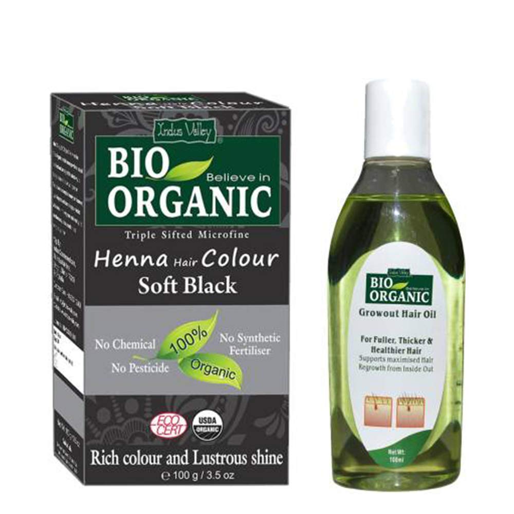 INDUS VALLEY Bio Organic Soft Black Henna Hair Dye with Hair Growth Oil Combo (100ml + 100g) - Natural Hair Color & Care for Gray Coverage, Conditioning & Styling at Home