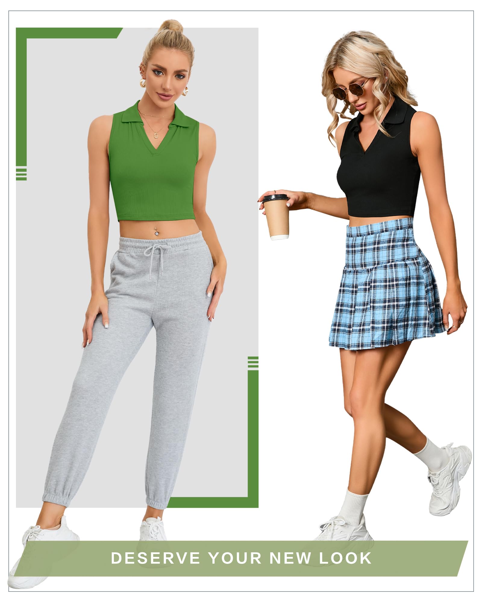 CLOZOZ Women's Polo Crop Top - V Neck Ribbed Sleeveless Collar Shirt, Trendy Summer Casual Tank Top for Women | Perfect for Beach Outings, Yoga & Streetwear Fashion