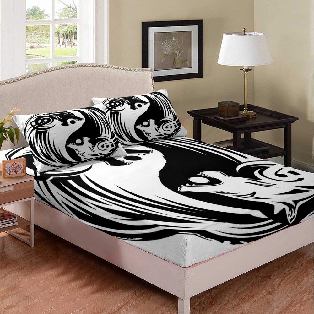 Black & White Dragon Print Full Size Bed Sheet Set - Graffiti Style Beaded Bedding for Kids & Children's Room Decor - 3 Piece Set for Cozy & Stylish Sleep