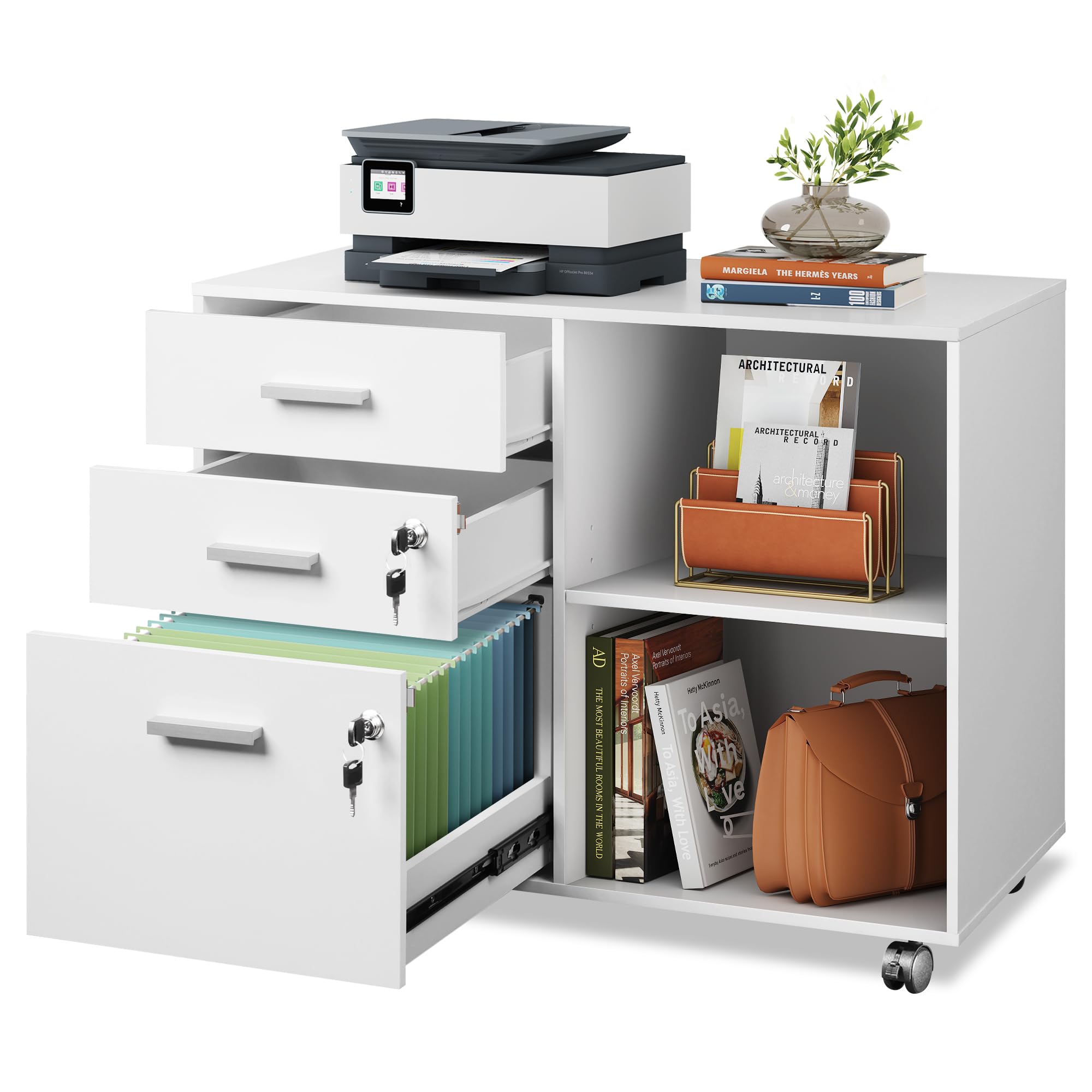 DEVAISE 3-Drawer Wood File Cabinet with Lock - Mobile Lateral Filing Cabinet & Printer Stand with Open Storage Shelves - Home Office Organization for Documents, Supplies & Equipment - Perfect for Small Spaces & Workspaces