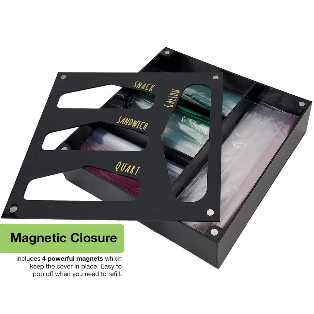 Premium Acrylic Kitchen Drawer Organizer for Food Storage Bags - Black | Space-Saving Solution for Plastic Bags, Ziploc Pouches & Snack Bags | Perfect for Pantry, Fridge & Cabinet Organization