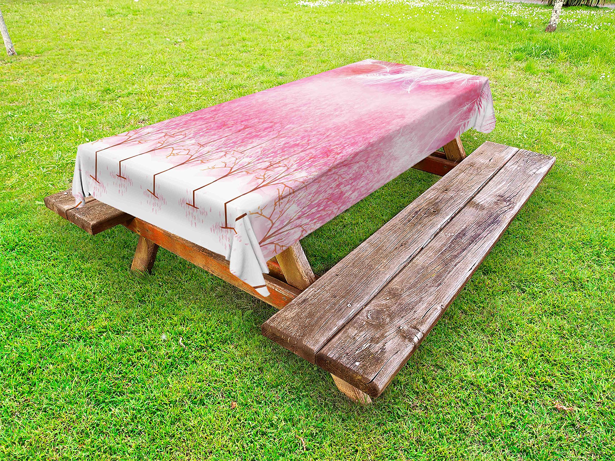 Ambesonne Pink Outdoor Tablecloth - Japanese Cherry Blossom Design with Feather Effects, Washable Picnic Table Cover 58x120 Inches - Perfect for Garden Parties, Romantic Dinners & Outdoor Decor (Pale Pink & White)