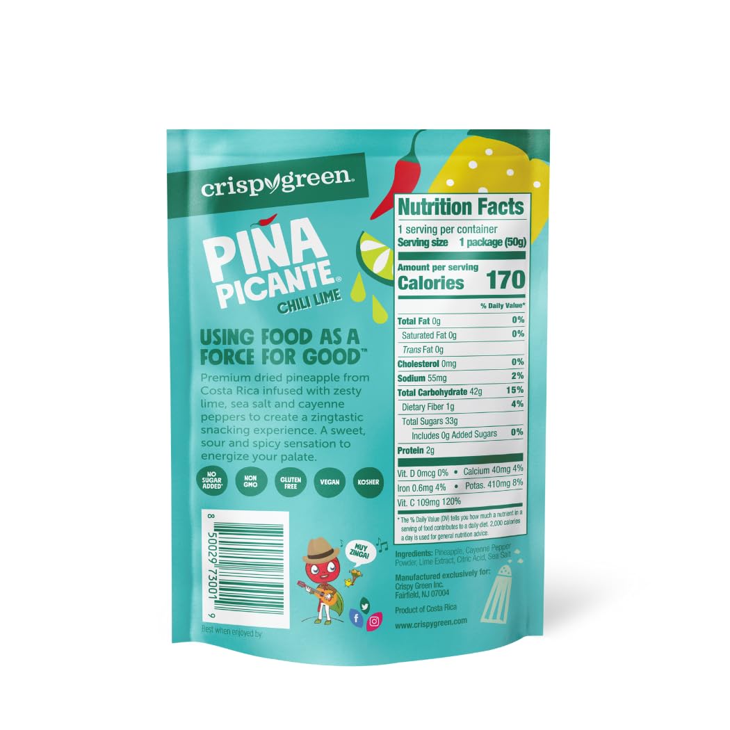 **Spicy Chili Lime Dried Pineapple Snacks - Crispy Green Piña Picante, 1.76oz (12 Single-Serve Bags) | Healthy Real Fruit Snack for On-the-Go, Office, Hiking & Travel**