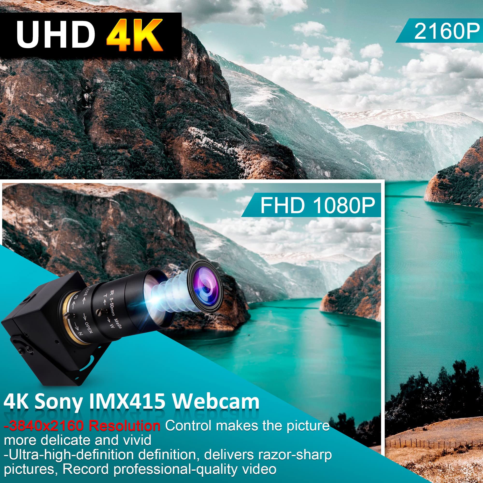 ELP 4K USB Camera Ultra HD 2160P Webcam with 10X Zoom & Variable Focus (5-50mm) - Plug & Play Web Conference Camera for Windows/Linux/Android/Raspberry Pi - Perfect for Video Calls, Live Streaming & Online Classes (Model: USB4K03-UFV)