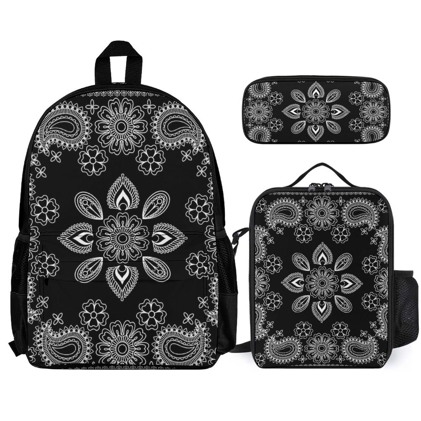 Supdreamc Polyester Paisley Black & White Pattern Backpack for Men - Water-Resistant School Backpack with Lunch Bag & Pencil Case - Perfect for College, Work, Travel & Daily Commute