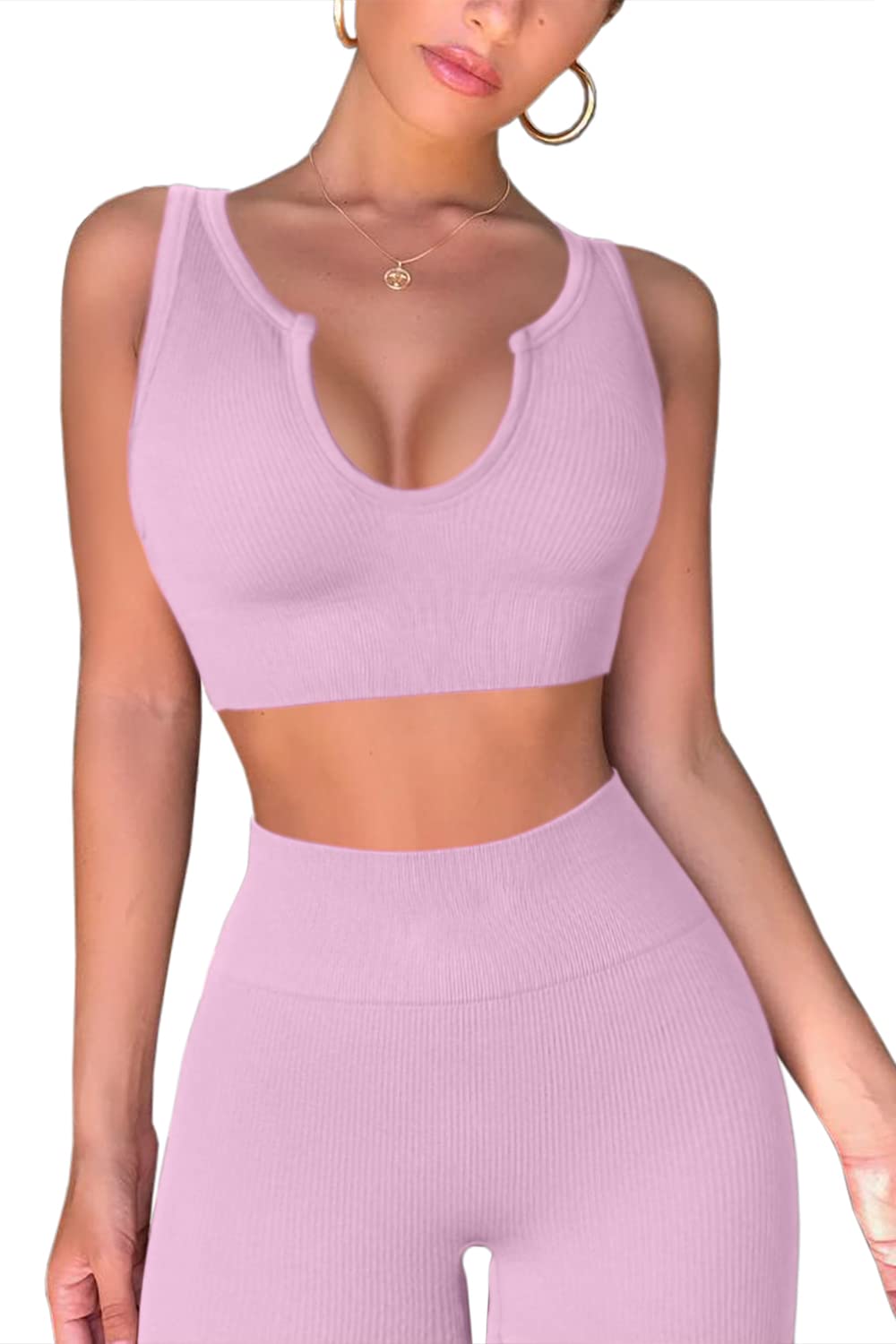 QINSEN Women's 2-Piece Workout Set - Ribbed Seamless Crop Tank & High Waist Yoga Leggings | Gym, Yoga, Running & Fitness Outfits for Women