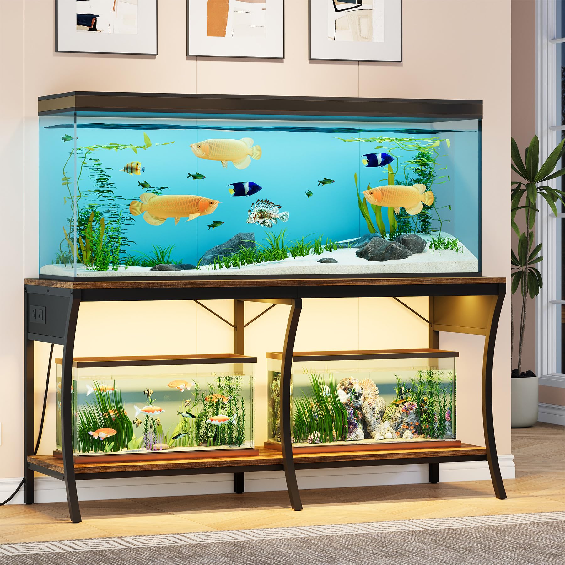 55-90 Gallon Heavy Duty Aquarium Stand with LED Light Strip & Power Outlets - 2-Tier Metal Fish Tank Stand for Reptiles & Large Aquariums - 1000LBS Capacity (Brown/Black) - Perfect for Home, Office & Pet Store Displays