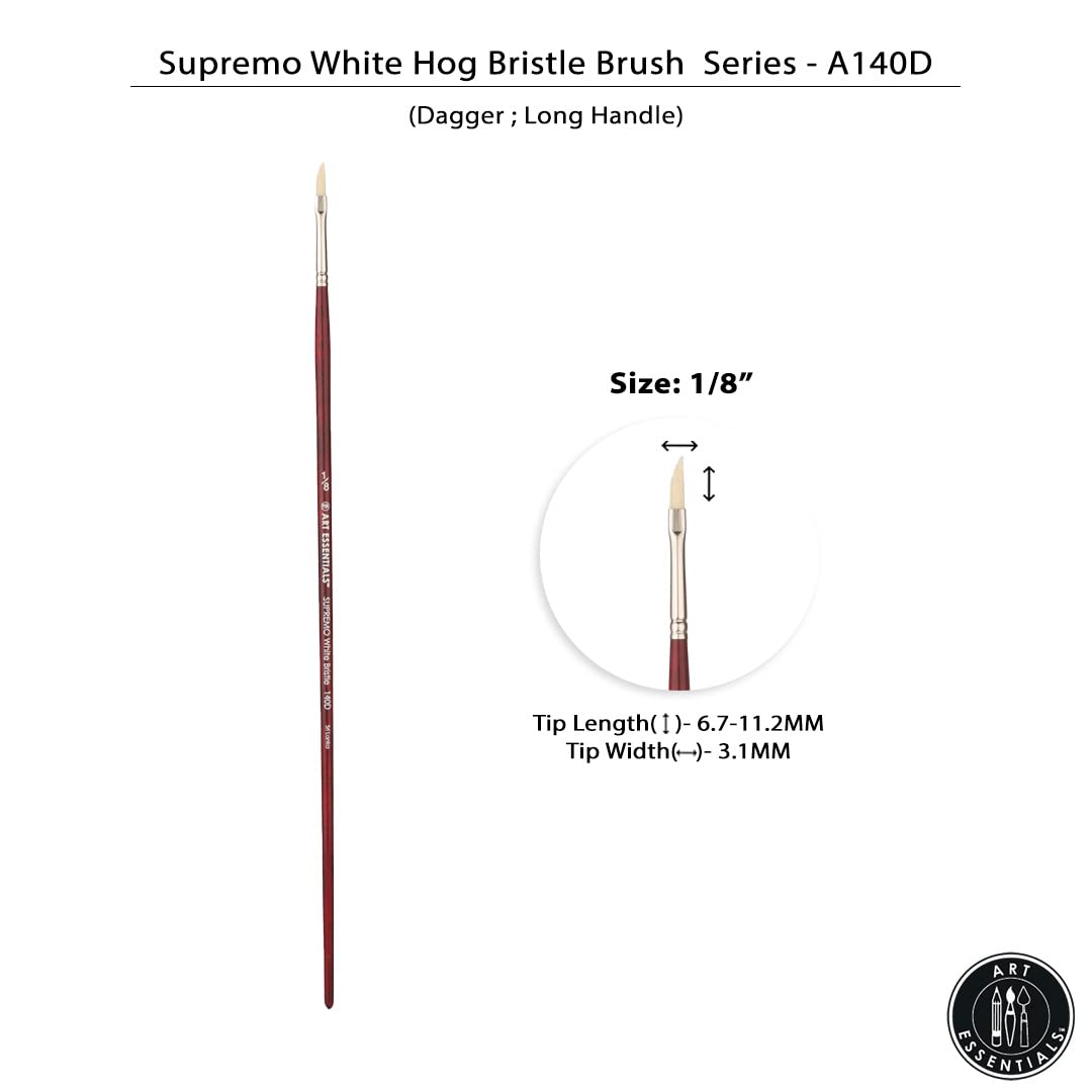 Art Essentials SUPREMO White Bristle Oil & Acrylic Paint Brush - Series 140D Dagger Long Handle (1/8 Inch) - High Color Retention, Smooth Flow - Perfect for Canvas Painting, Fine Detailing & Professional Artwork