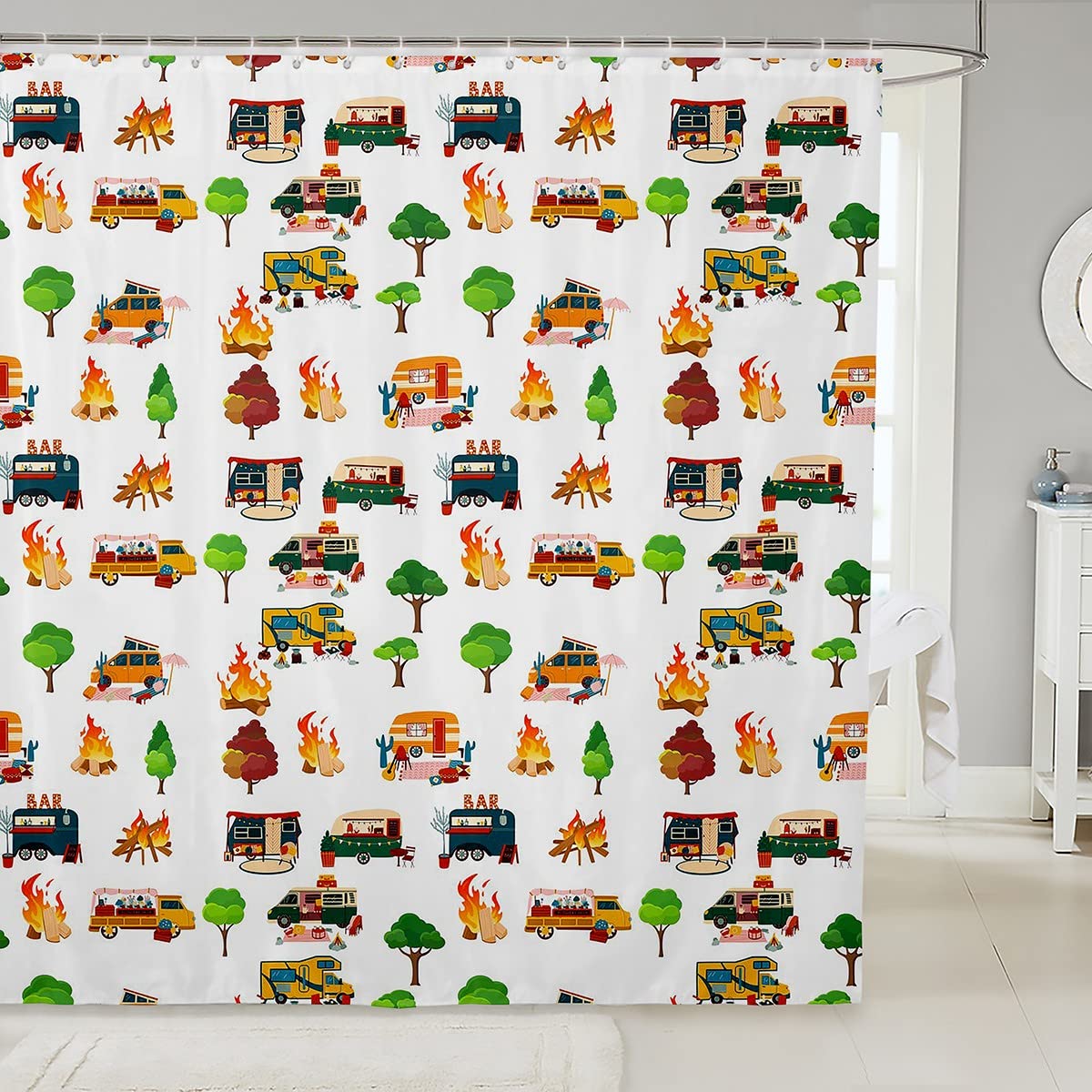Kids Camping Car Shower Curtain - Woodland Camper Bathroom Decor 72x84 Inches, Happy Camping Cars Theme for Boys & Girls, Cute Cartoon Nature Trees Design with Hooks - Perfect for Summer Camp, RV Trips, and Outdoor-Themed Bathrooms