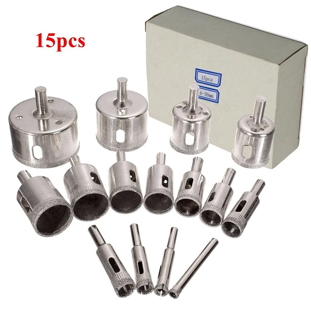 15Pcs 6-50mm Diamond Hole Saw Drill Bit Set - 100 Grits for Tile, Ceramic, Glass & Marble - Professional Masonry Drilling Tools for Home Renovation & DIY Projects