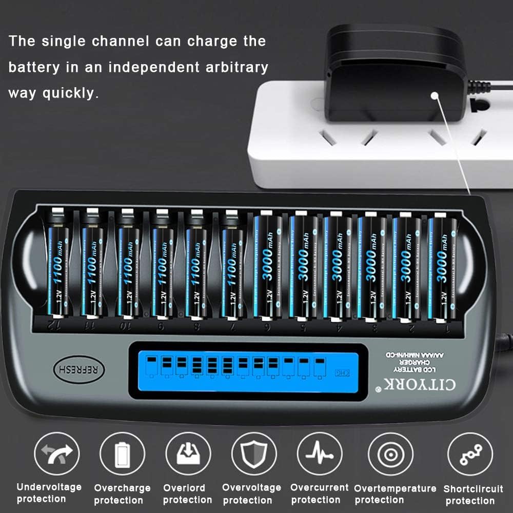 CITYORK 12-Bay LCD Smart AA AAA Battery Charger - Universal Intelligent Individual Charger with Refresh Function for Ni-MH Ni-CD Rechargeable Batteries - Includes AC & Car Adapter - Perfect for Home, Office, Travel & Emergency Power Needs