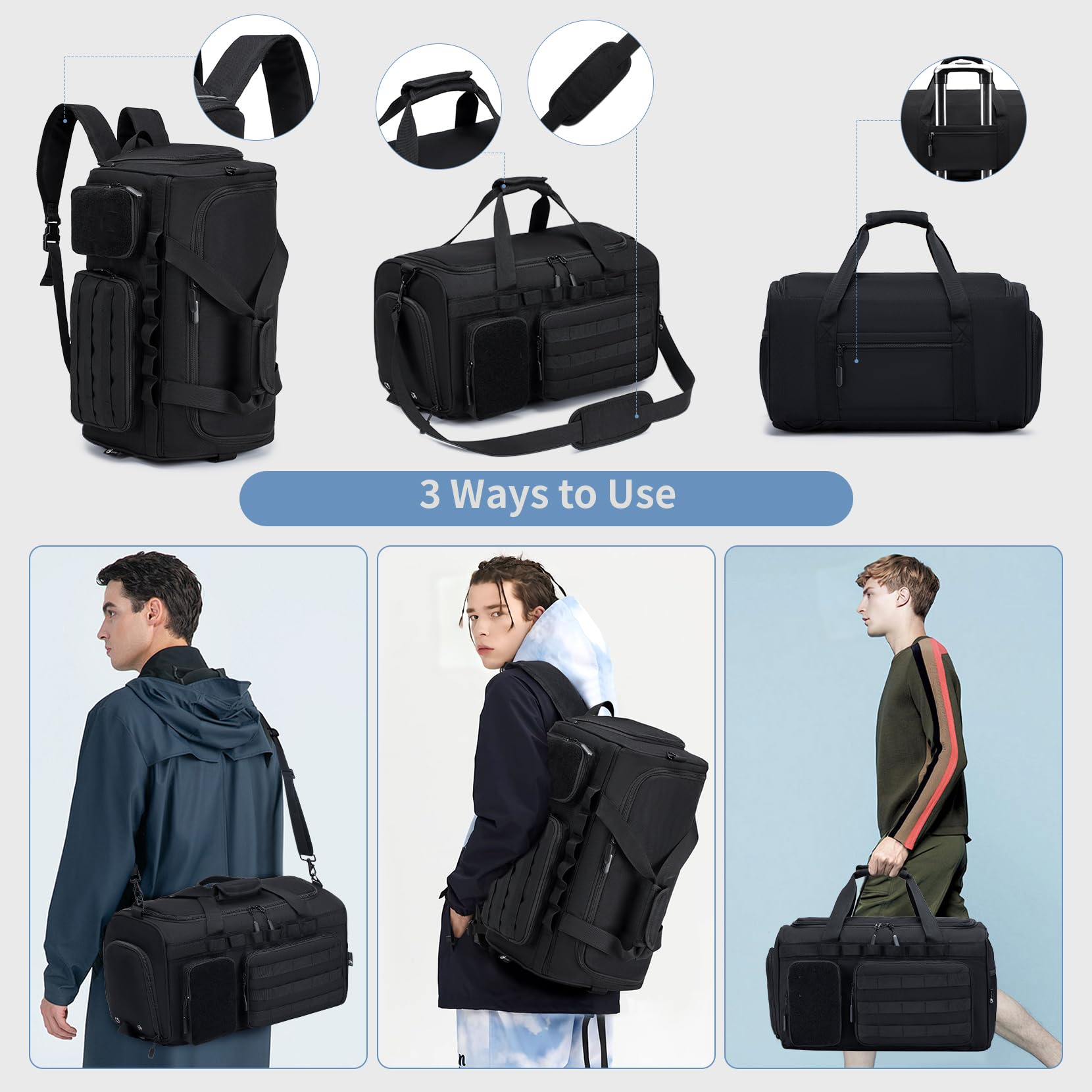**Men's Tactical Duffle Bag - 3-in-1 Gym, Sports & Travel Backpack with Shoe Compartment & Wet Pocket - Military Style Weekender Overnight Bag (Black) - Perfect for Workouts, Travel & Outdoor Adventures**