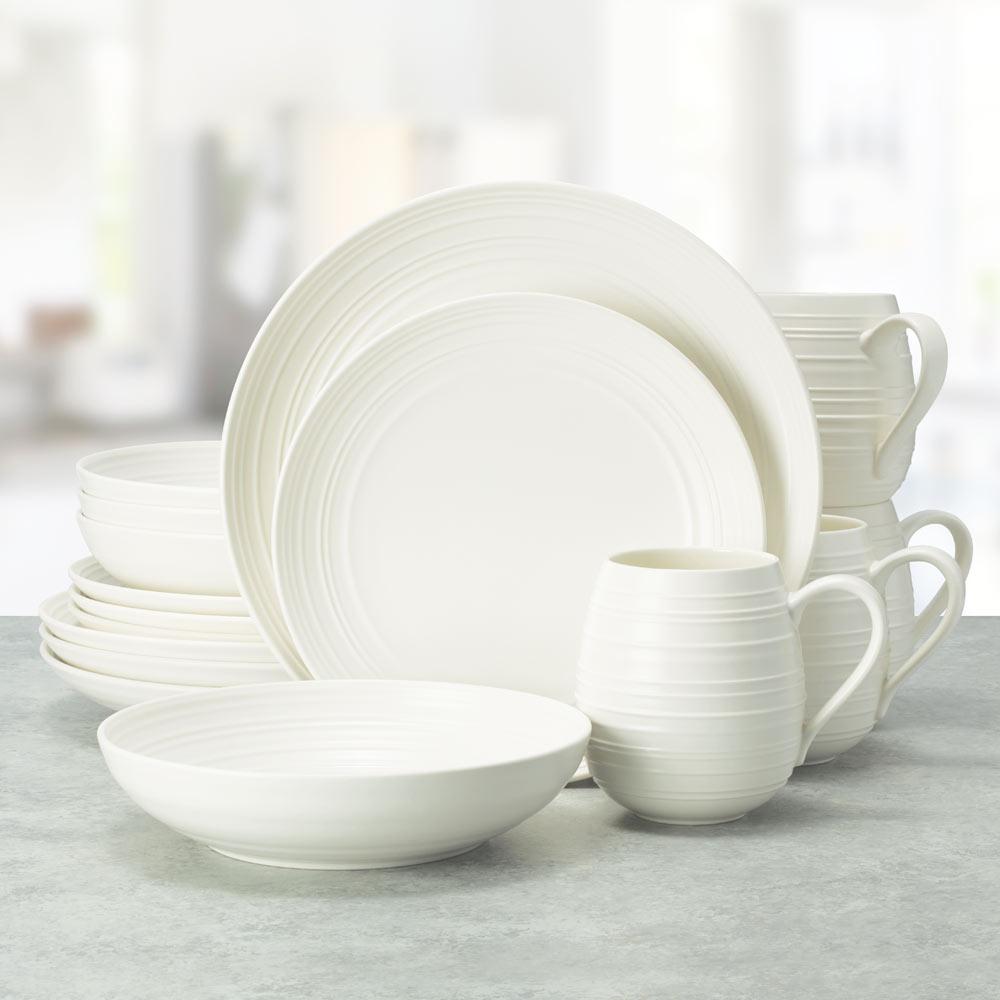 Swirl White 16-Piece Dinnerware Set - Service for 4, Porcelain Plates Bowls & Mugs - Elegant Tableware for Dining, Entertaining & Everyday Use