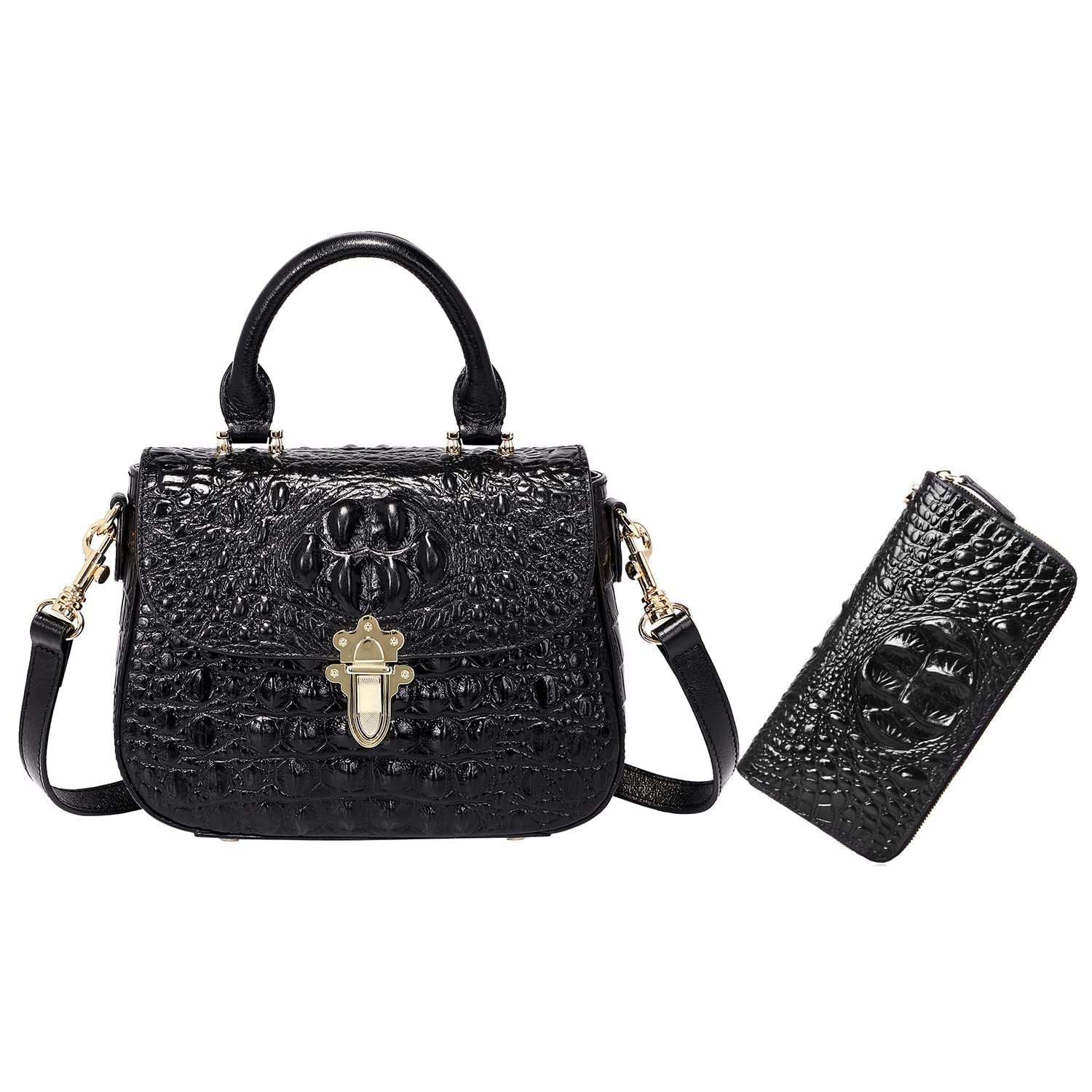 PIJUSHI Women's Genuine Leather Crossbody Shoulder Bag - Crocodile Embossed Satchel Purse with Matching Wristlet Wallet Set | Perfect for Work, Travel & Evening Events