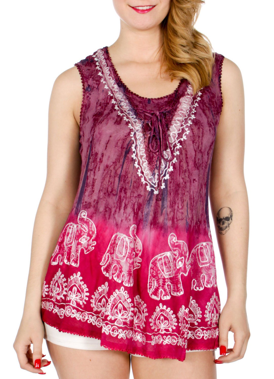 Serenita Women's Sleeveless Embroidery Batik Tunic Top - Floral Summer Blouse for Casual Wear & Beach Vacation