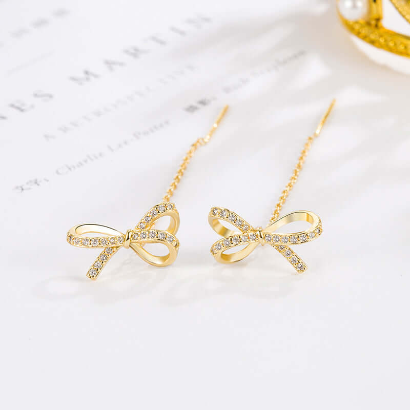 Gold Bow Tassel Fringe Threader Earrings for Women - Elegant Dangle Drop Earrings for Parties, Weddings & Special Occasions | R0016