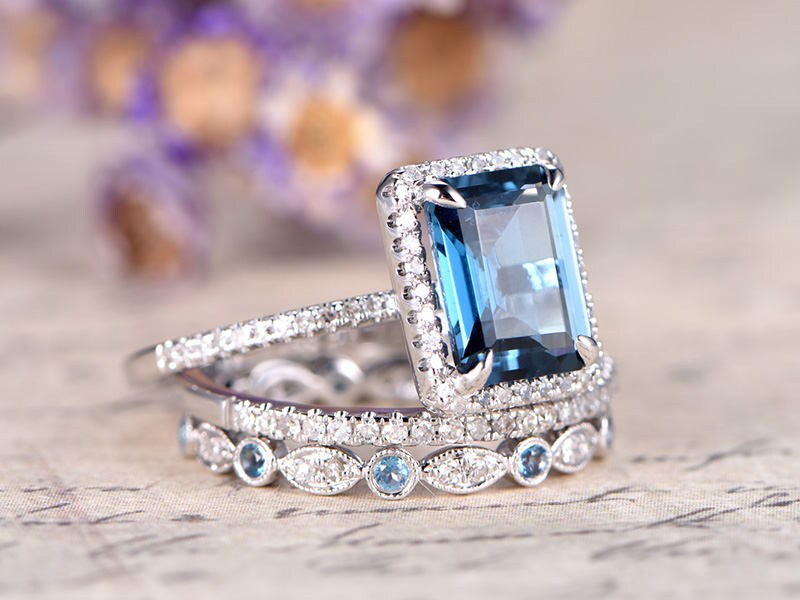 14K White Gold London Blue Topaz Emerald Cut Engagement Ring with Halo Diamonds - Art Deco Bridal Wedding Ring Set for Women, Perfect for Proposals, Anniversaries & Special Occasions
