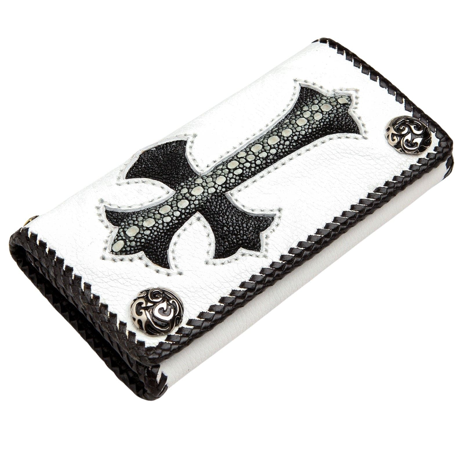 Stingray Cross Carved Genuine White Leather Biker Wallet for Men - Stylish RFID Blocking Motorcycle Wallet with Money Clip (Perfect for Bikers, Travel & Everyday Use)