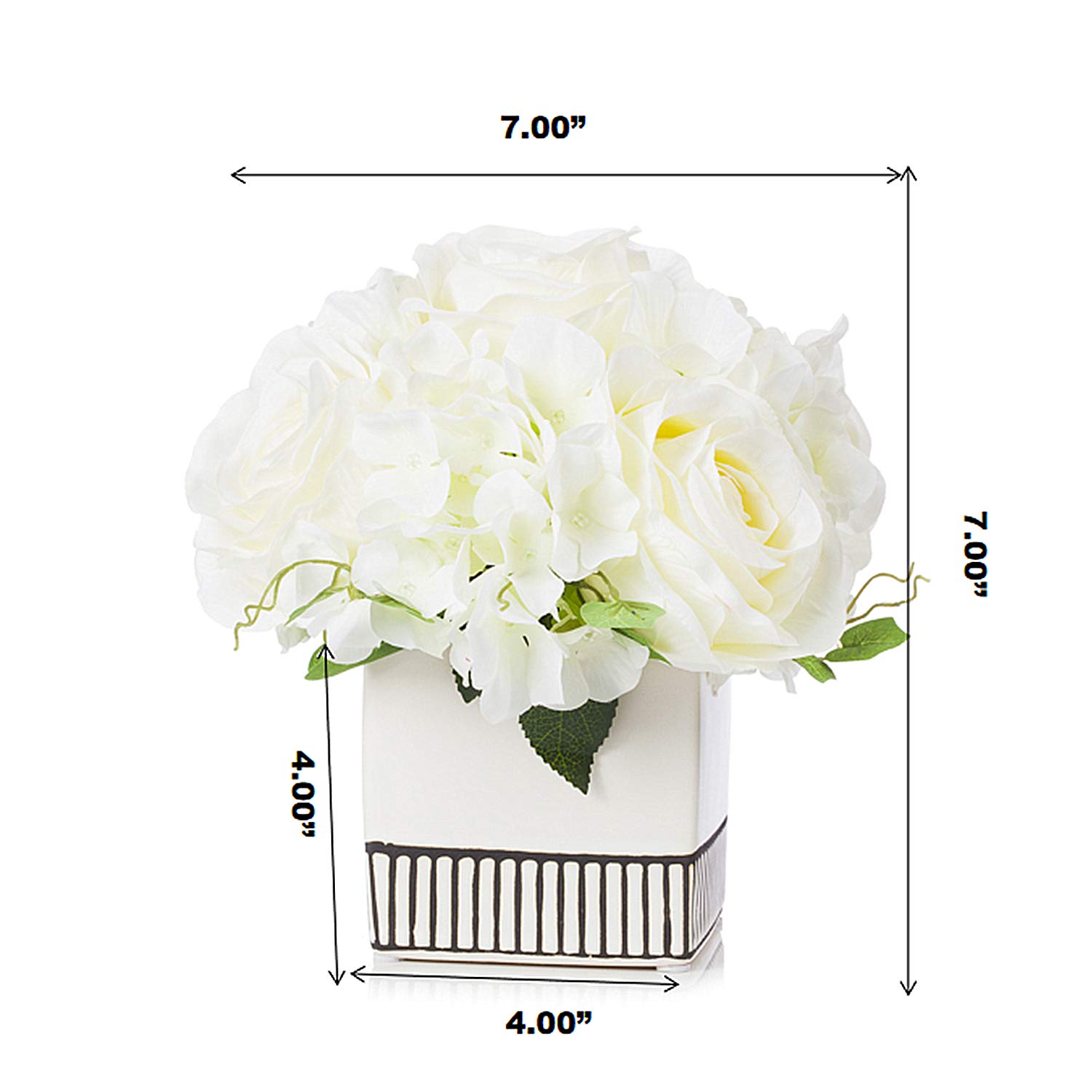 Enova Home Artificial Silk Rose & Hydrangea Floral Arrangement in White Ceramic Pot - Elegant Home Decor, Wedding Centerpiece, Table Decoration (Cream)