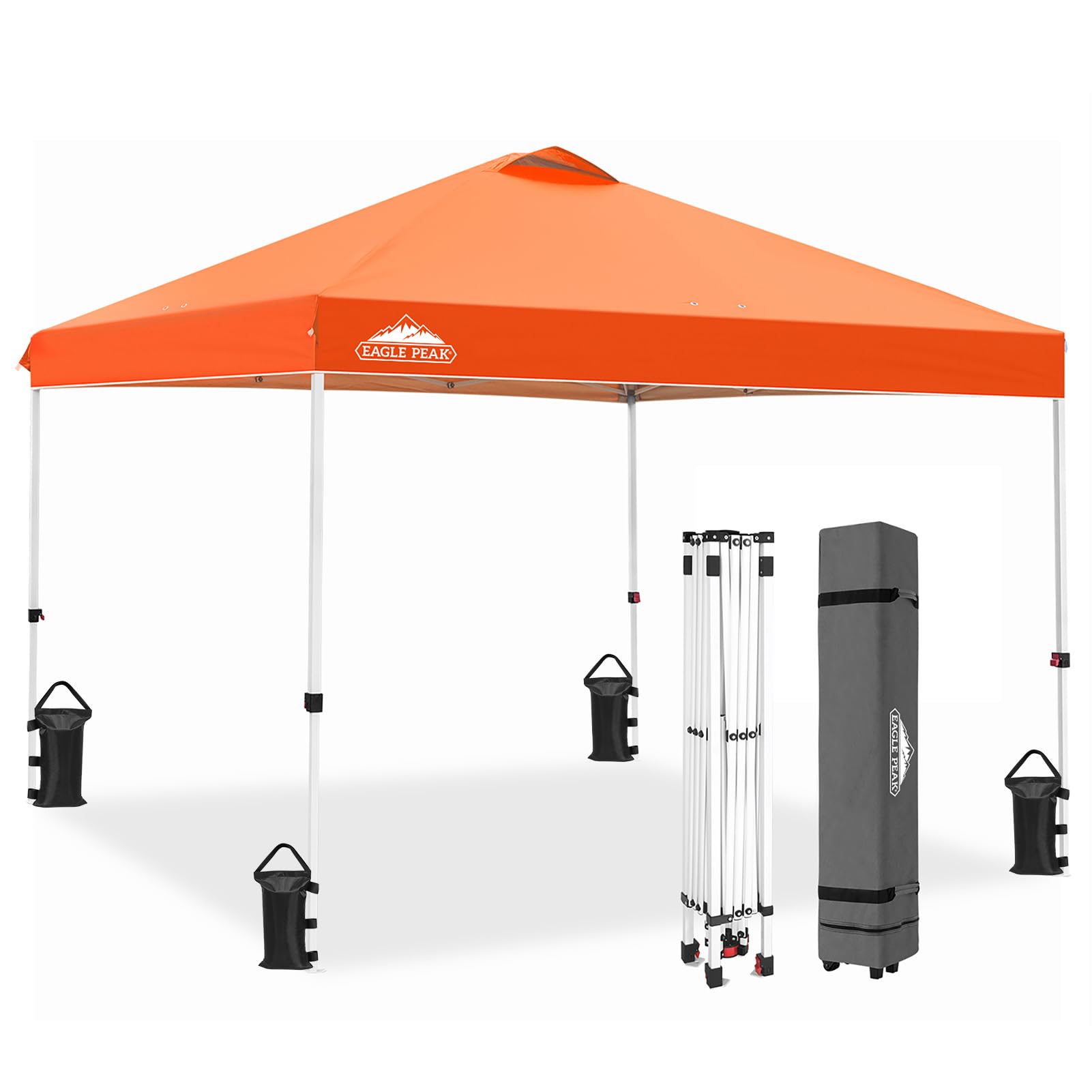 EAGLE PEAK 10x10 ft Pop Up Canopy Tent with Wheeled Carry Bag - Includes 8 Stakes, 4 Ropes & 4 Weight Bags - Easy Setup Instant Shelter for Outdoor Events, Beach, Camping & Backyard Parties - 100 sq ft Shade Coverage in Orange