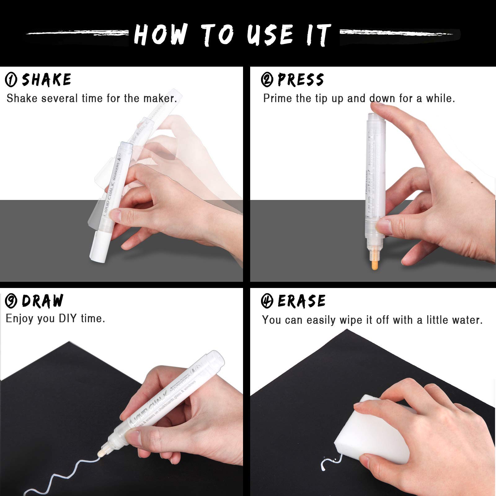 White Chalk Markers 6 Pack - Liquid Chalk Pens for Blackboard, Windows, Glass & Signs - Dry Erase Markers for Restaurants, Cafes & Bistros - Perfect for Menu Boards, Wedding Signs & DIY Projects
