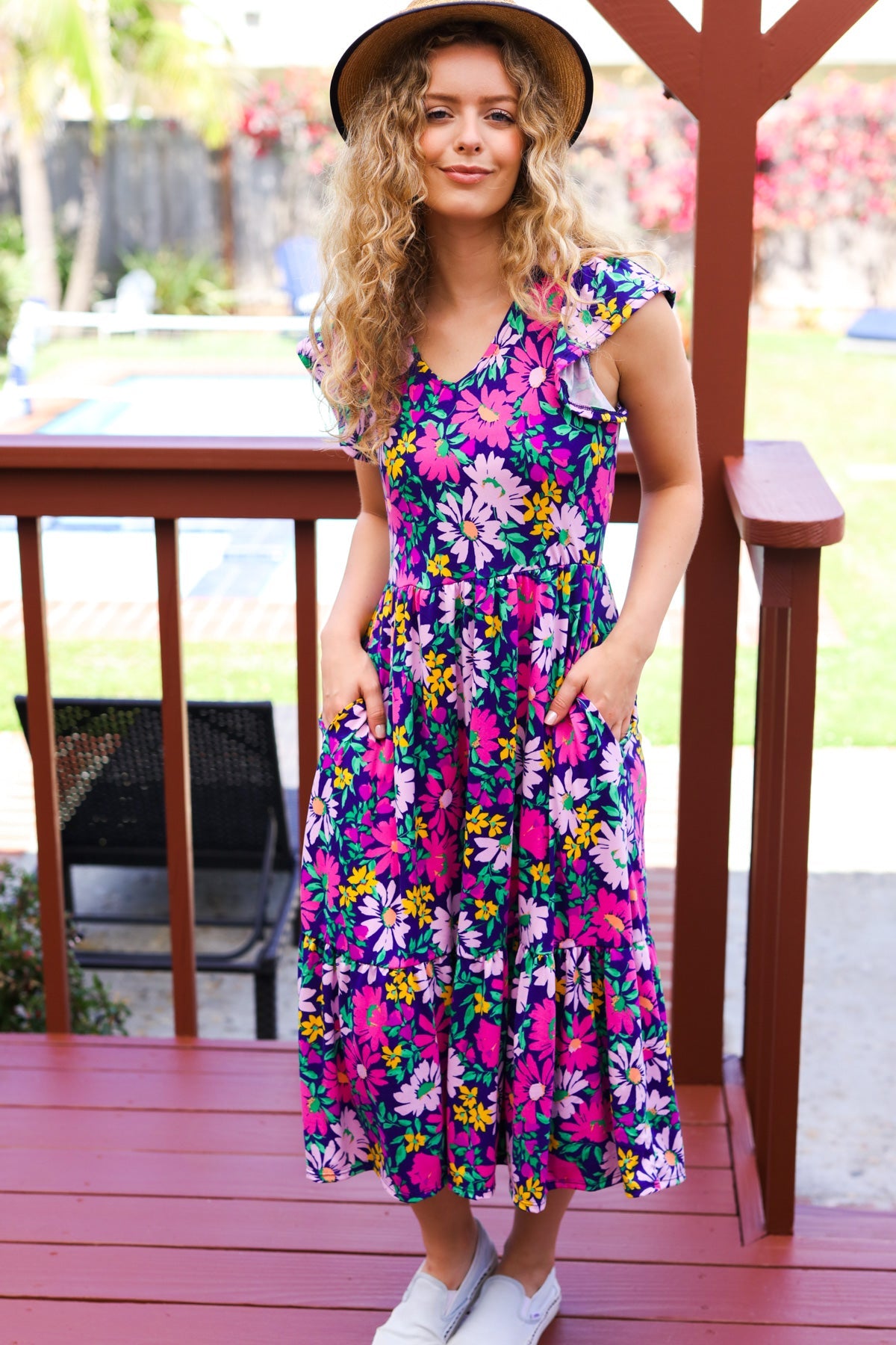 Diva Dreams Navy & Lilac Floral Fit & Flare Midi Dress for Women - Elegant Summer Party & Wedding Guest Outfit