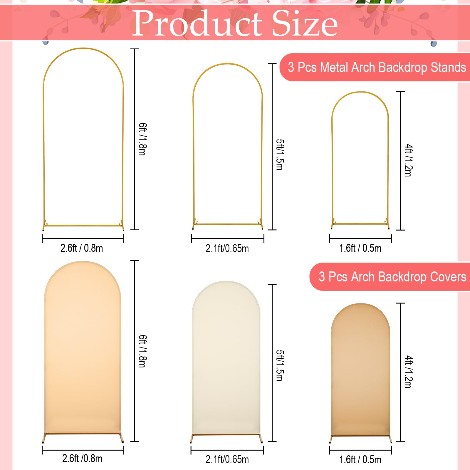Gisafai 6-Pack Metal Arch Backdrop Stand with Spandex Cover - 4ft/5ft/6ft Wedding Arch Frame for Wedding Decor, Party Backdrop, Photo Booth & Outdoor Events (Nude)